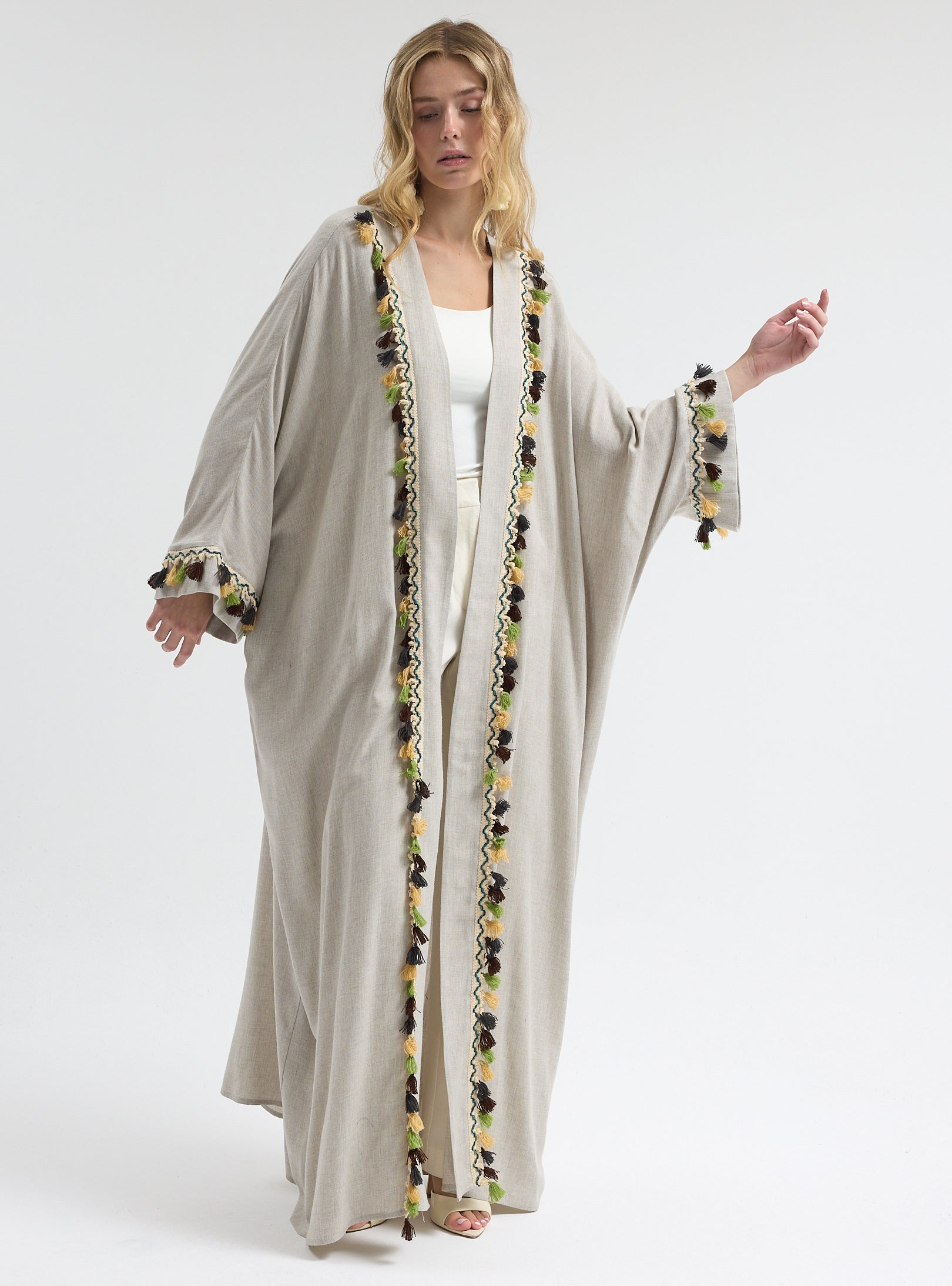 ⁠Boho Tassel Flow Kaftan Abaya - Store WF