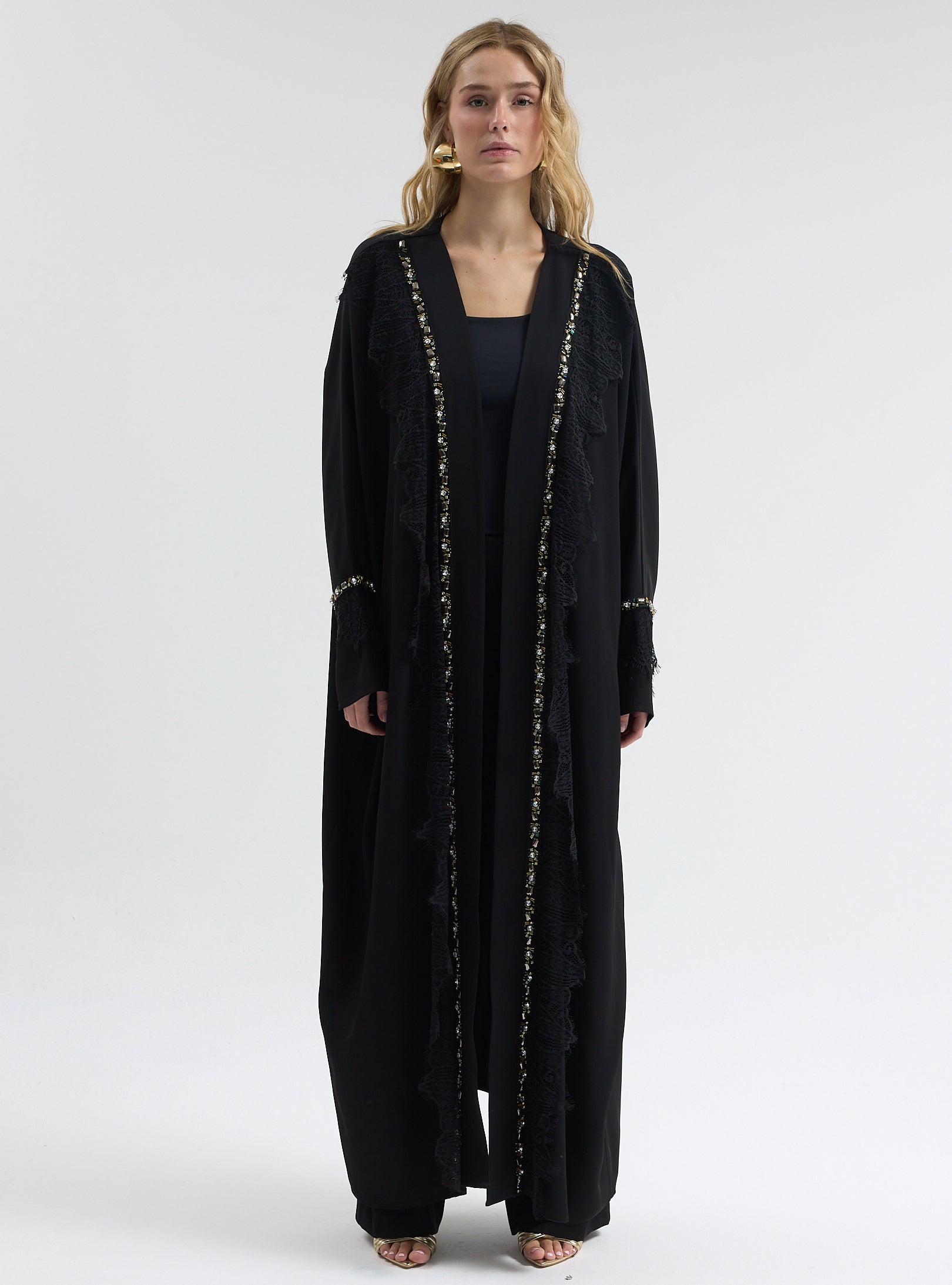 ⁠Midnight Crystal Embellished Trim Lace Detailed Abaya - Store WF