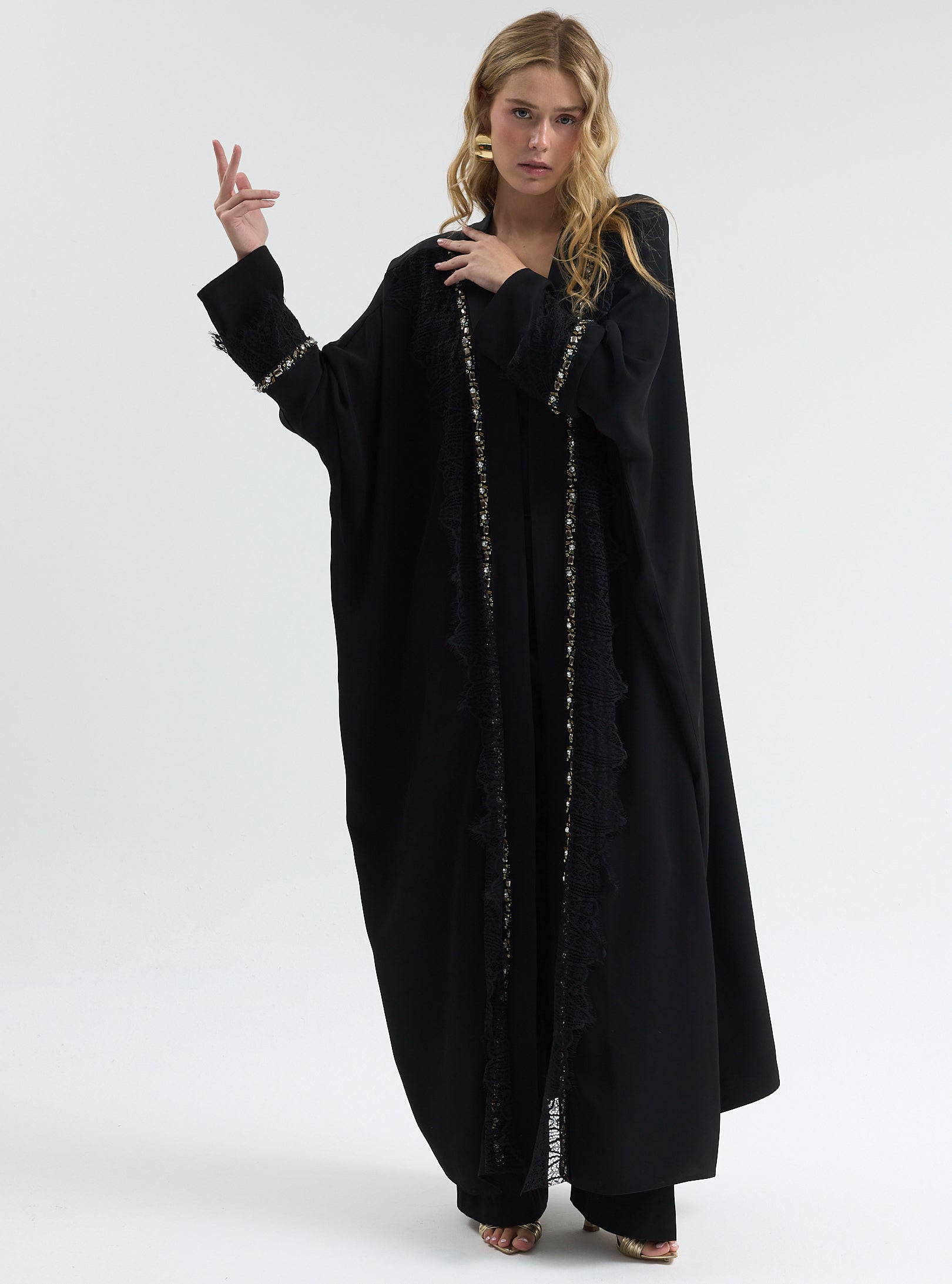 ⁠Midnight Crystal Embellished Trim Lace Detailed Abaya - Store WF