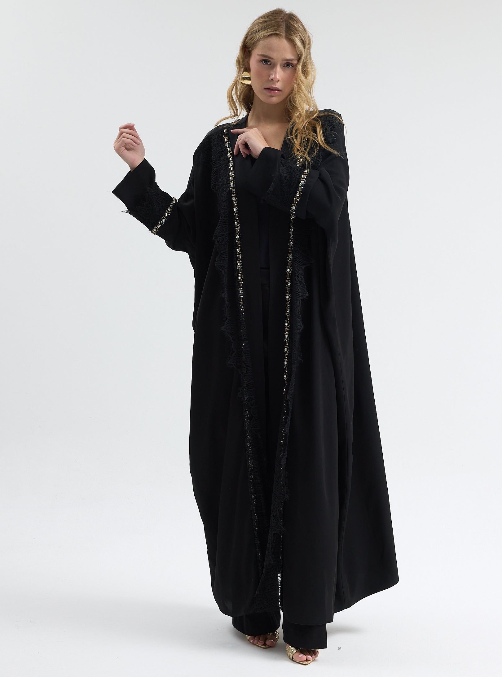 ⁠Midnight Crystal Embellished Trim Lace Detailed Abaya - Store WF