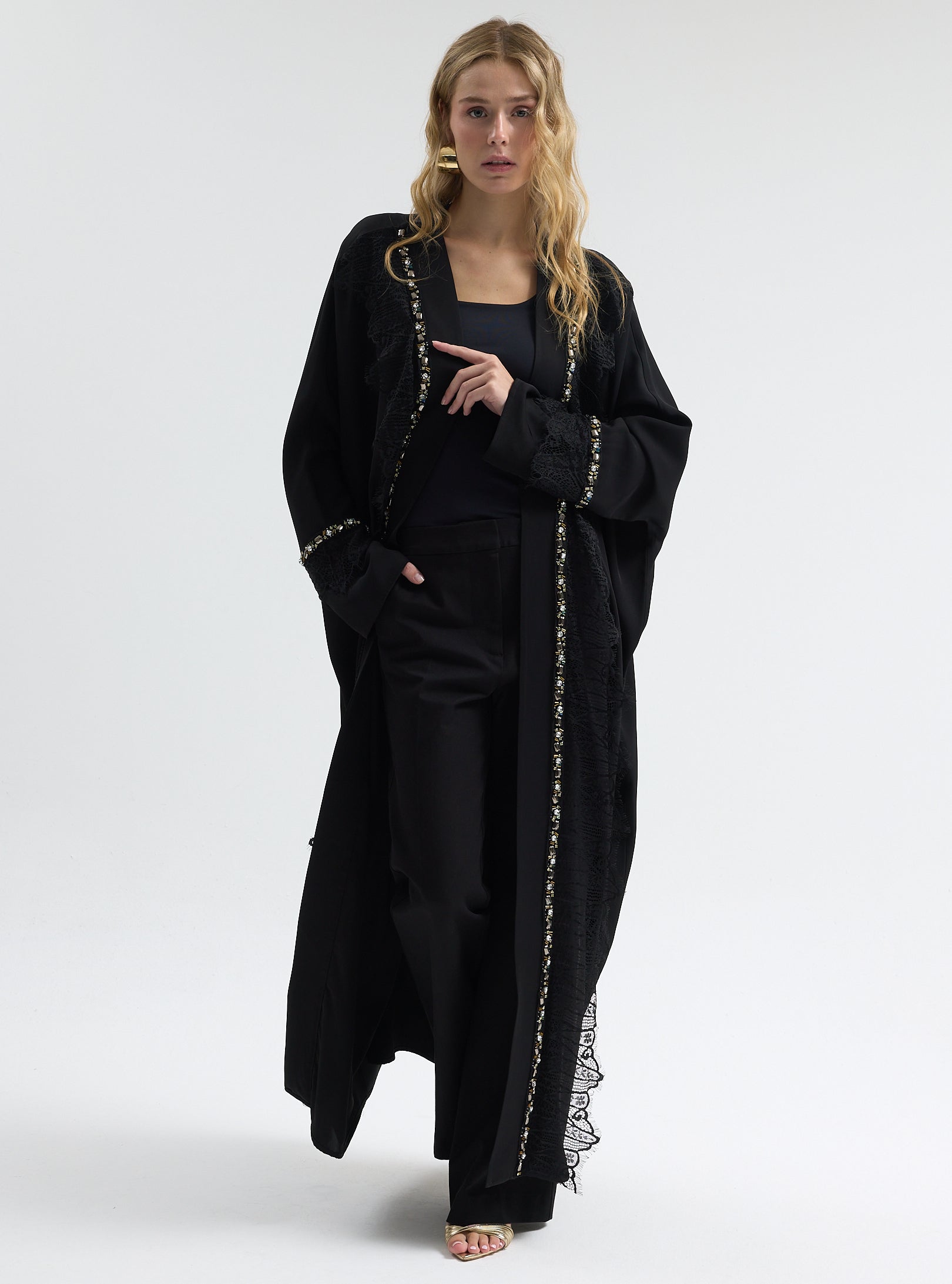 ⁠Midnight Crystal Embellished Trim Lace Detailed Abaya - Store WF