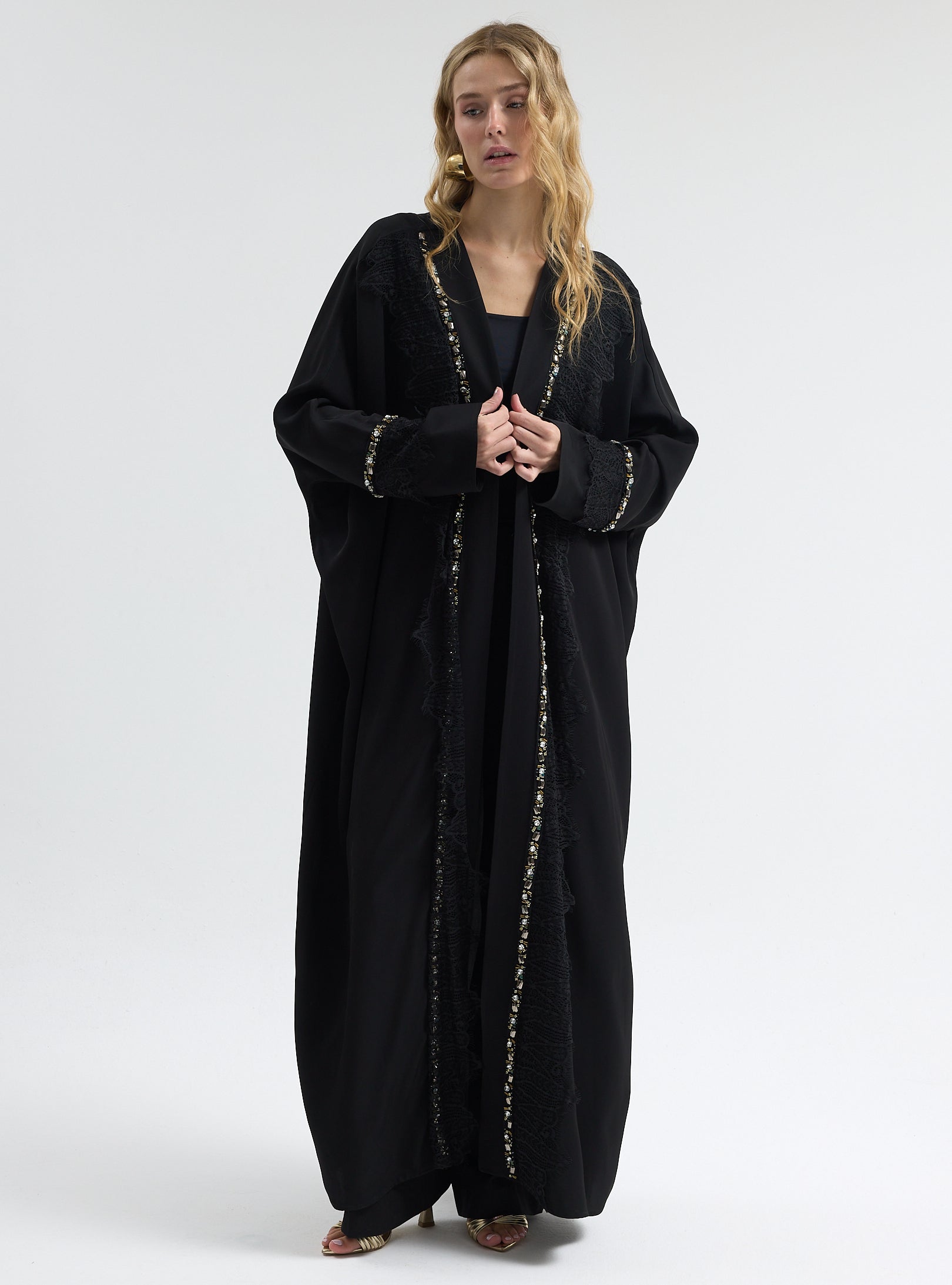 ⁠Midnight Crystal Embellished Trim Lace Detailed Abaya - Store WF