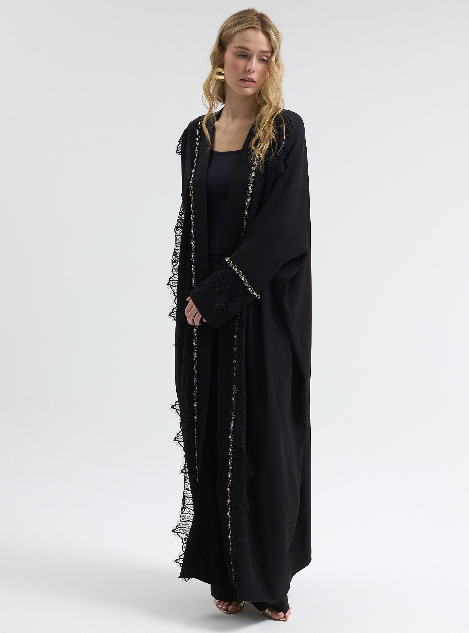 ⁠Midnight Crystal Embellished Trim Lace Detailed Abaya - Store WF