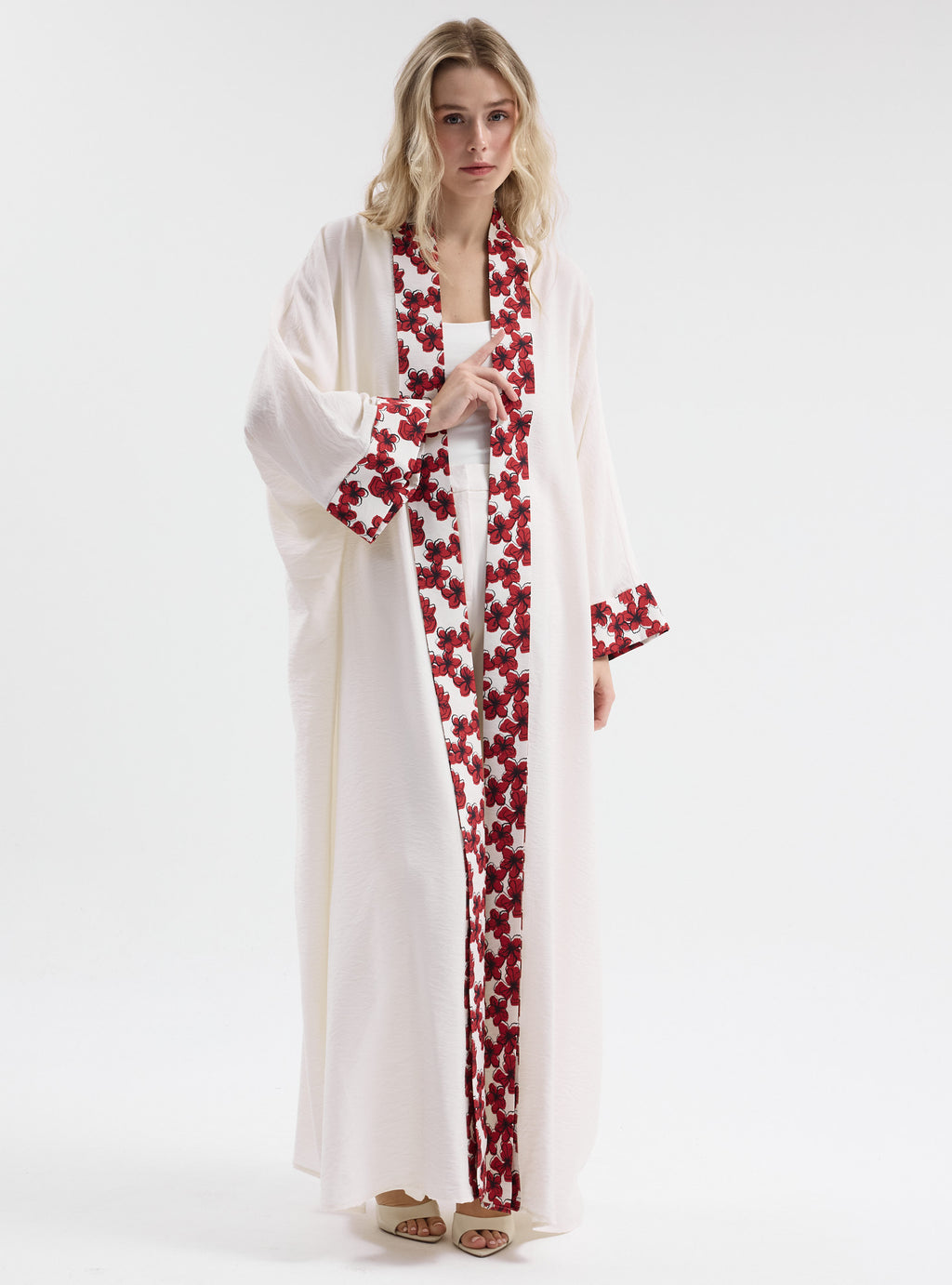 Floral Panel Print White Abaya - Store WF