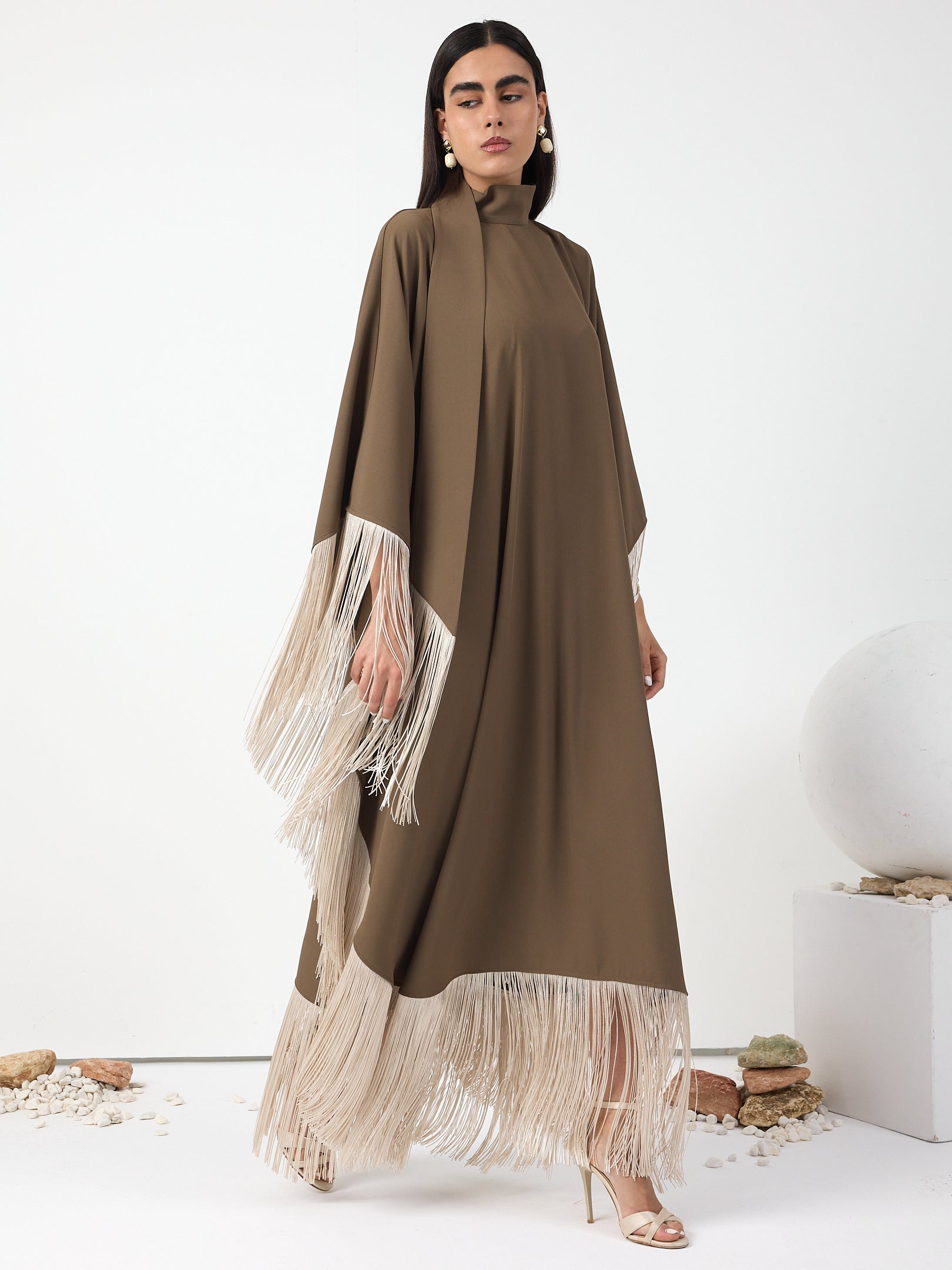 Brown Fringed Kaftan Dress With Tie Neck Detailed