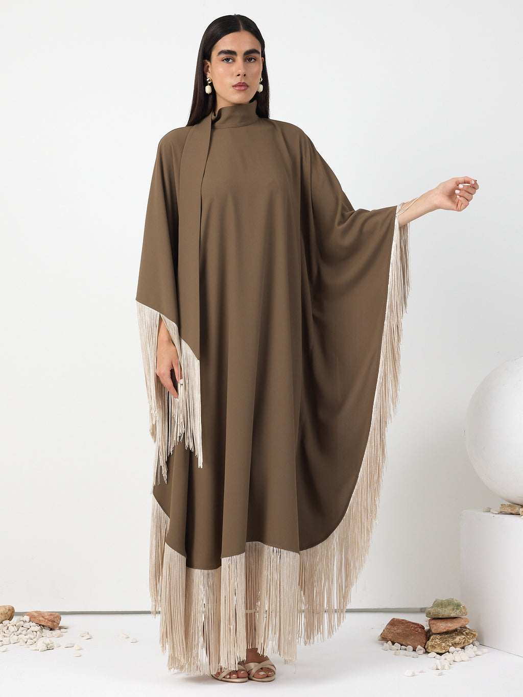 Brown Fringed Kaftan Dress With Tie Neck Detailed