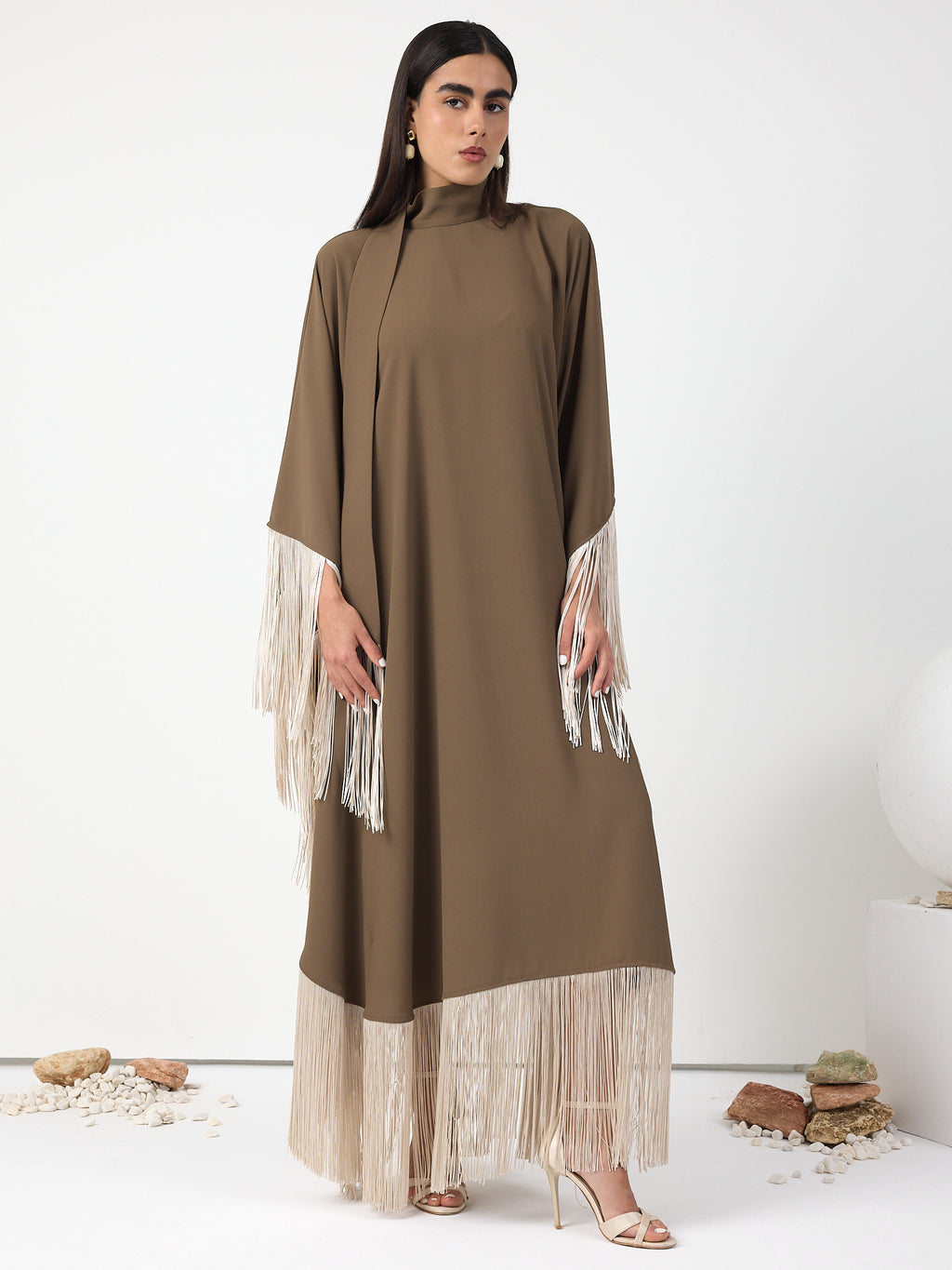 Brown Fringed Kaftan Dress With Tie Neck Detailed