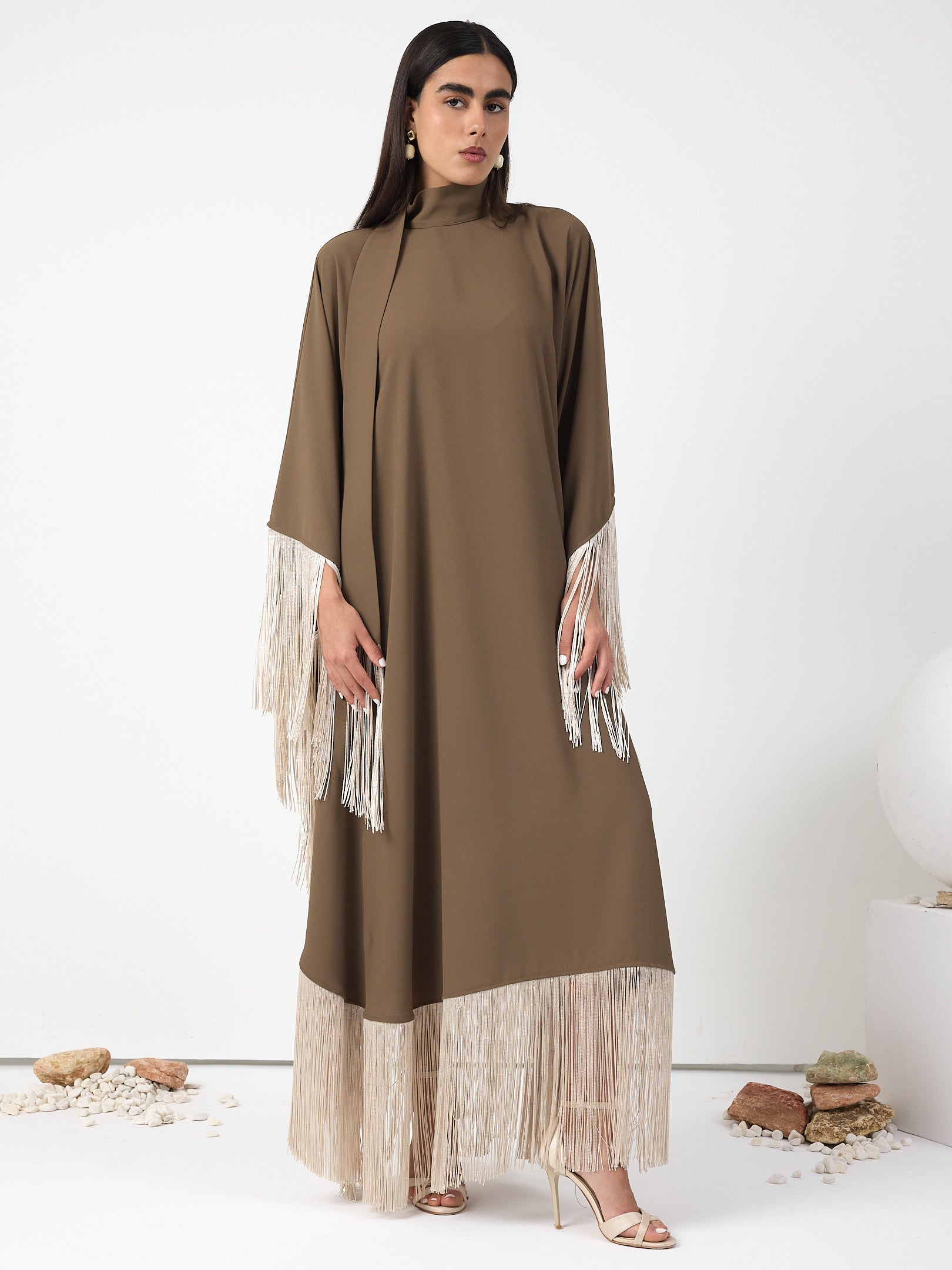 Brown Fringed Kaftan Dress With Tie Neck Detailed