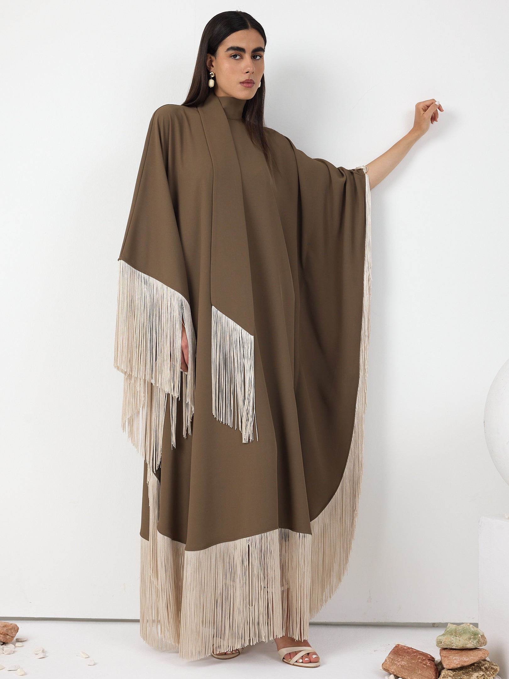 Brown Fringed Kaftan Dress With Tie Neck Detailed