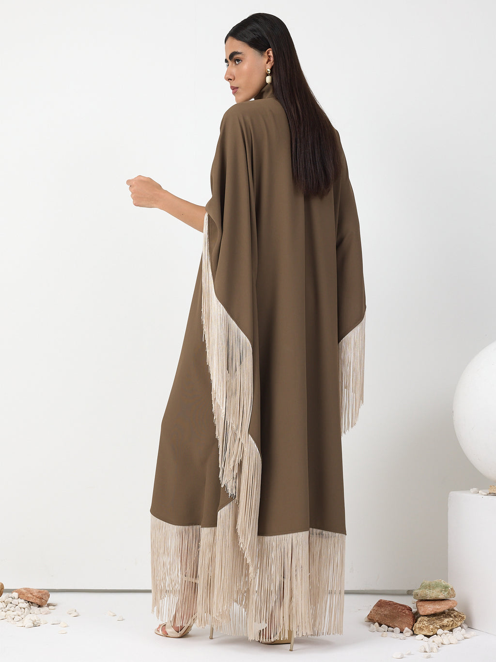 Brown Fringed Kaftan Dress With Tie Neck Detailed