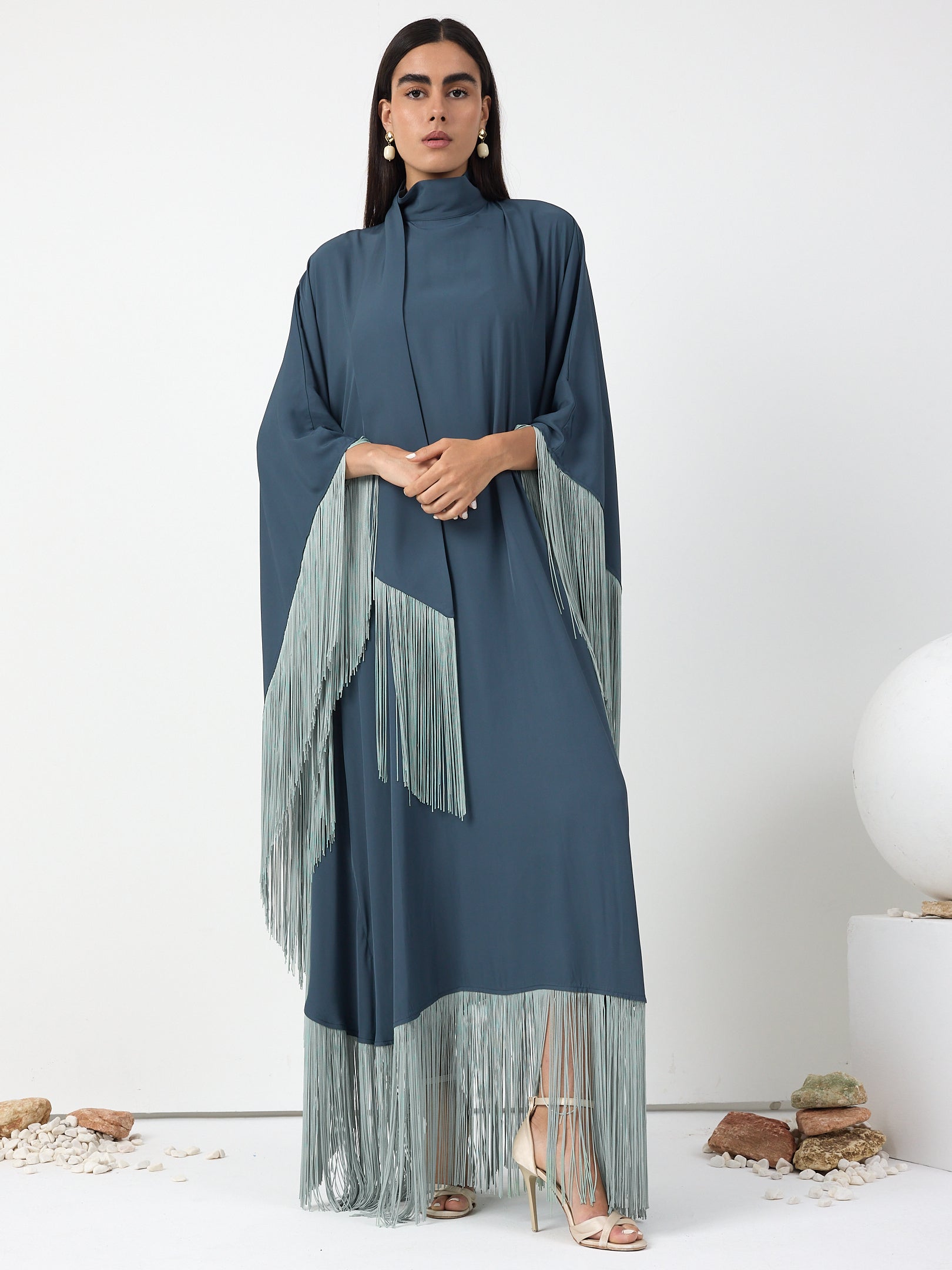 Mint Fringed Kaftan Dress With Tie Neck Detailed - Store WF