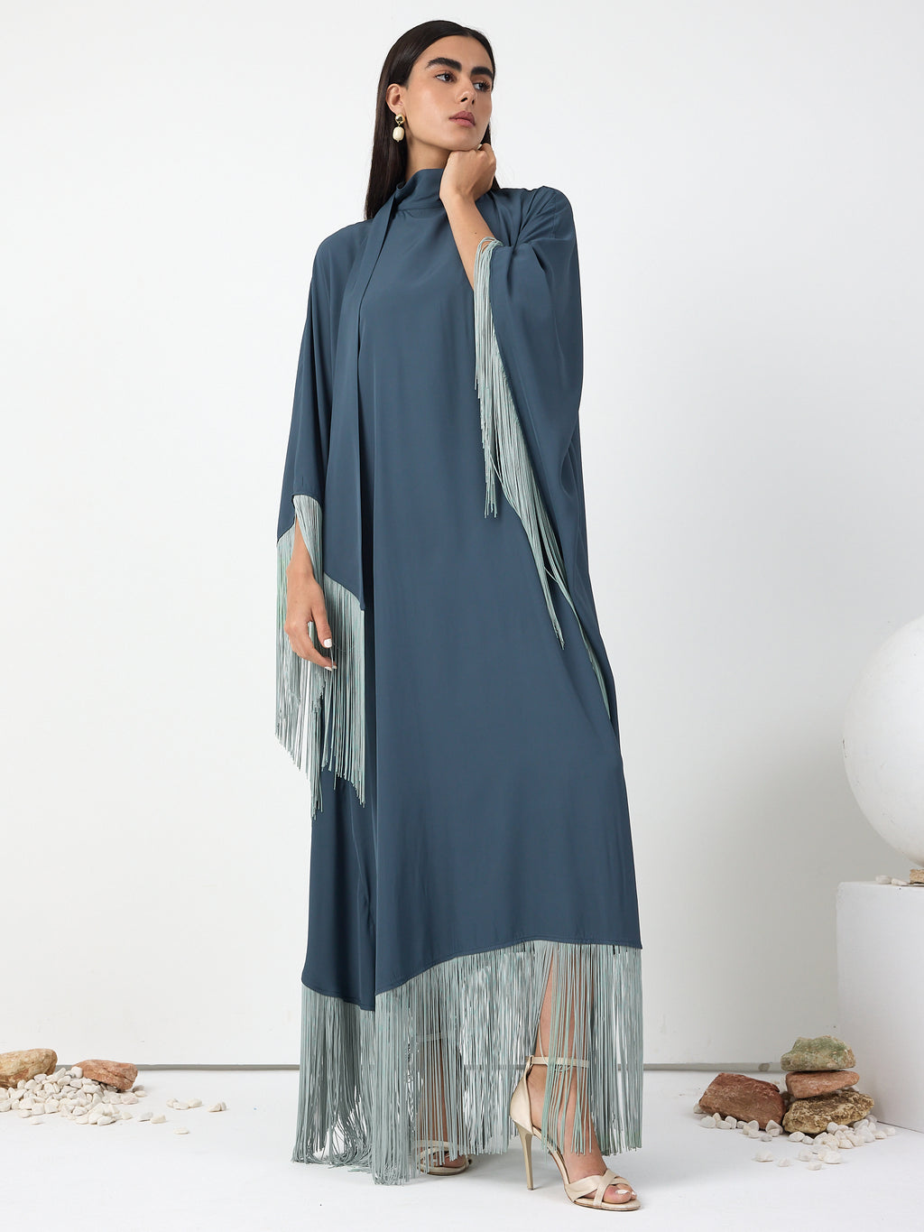 Mint Fringed Kaftan Dress With Tie Neck Detailed