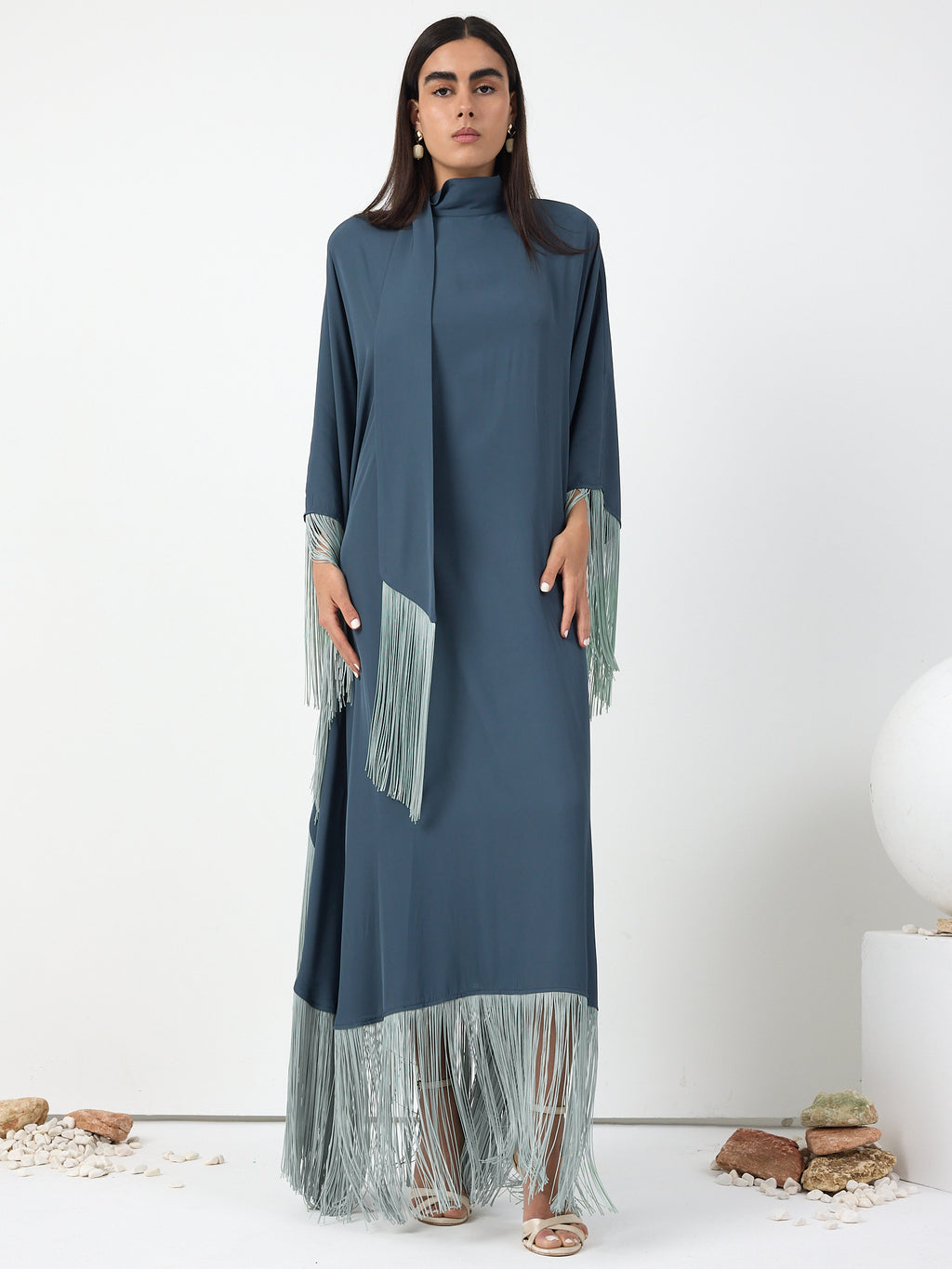 Mint Fringed Kaftan Dress With Tie Neck Detailed