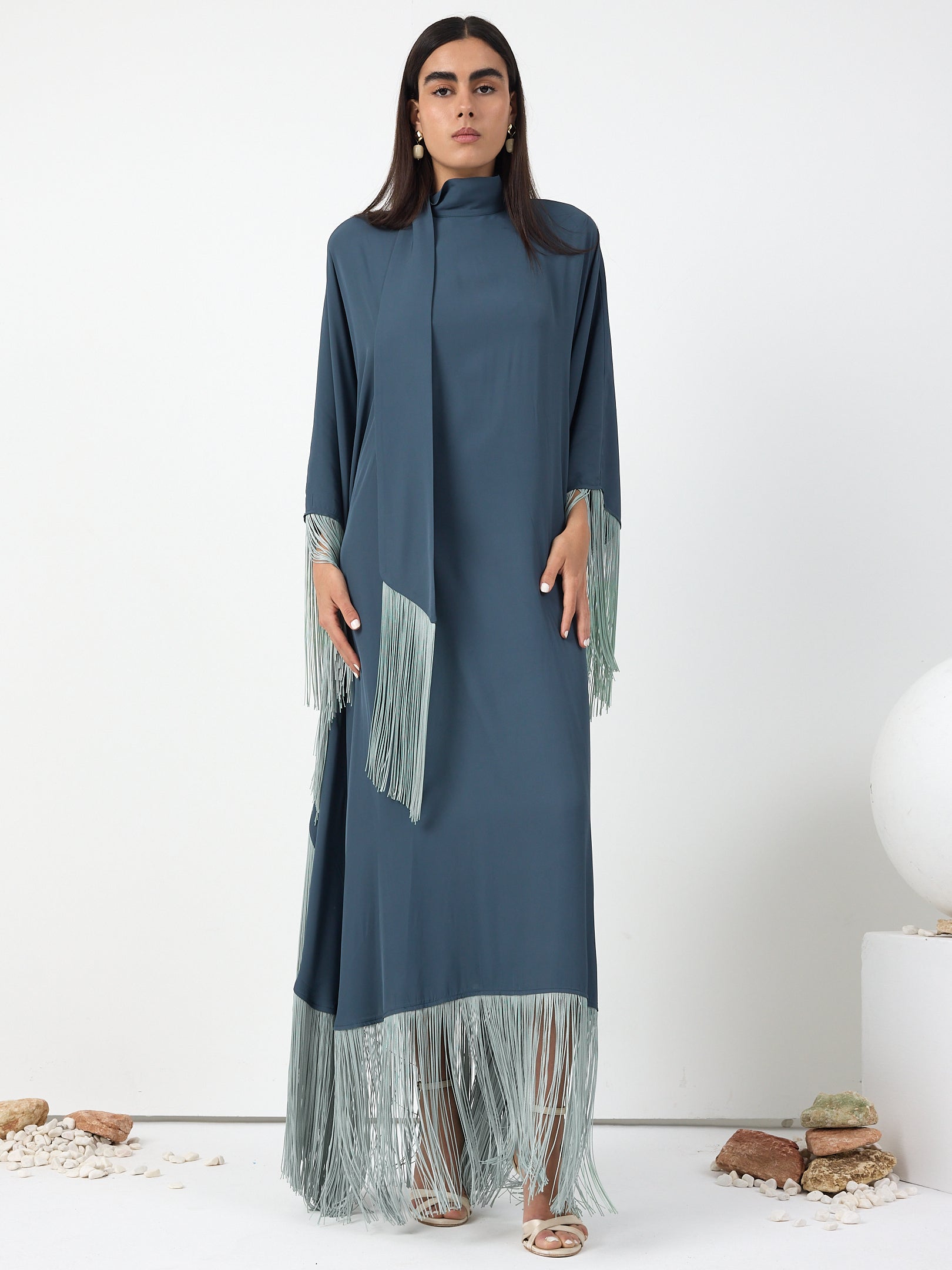 Mint Fringed Kaftan Dress With Tie Neck Detailed