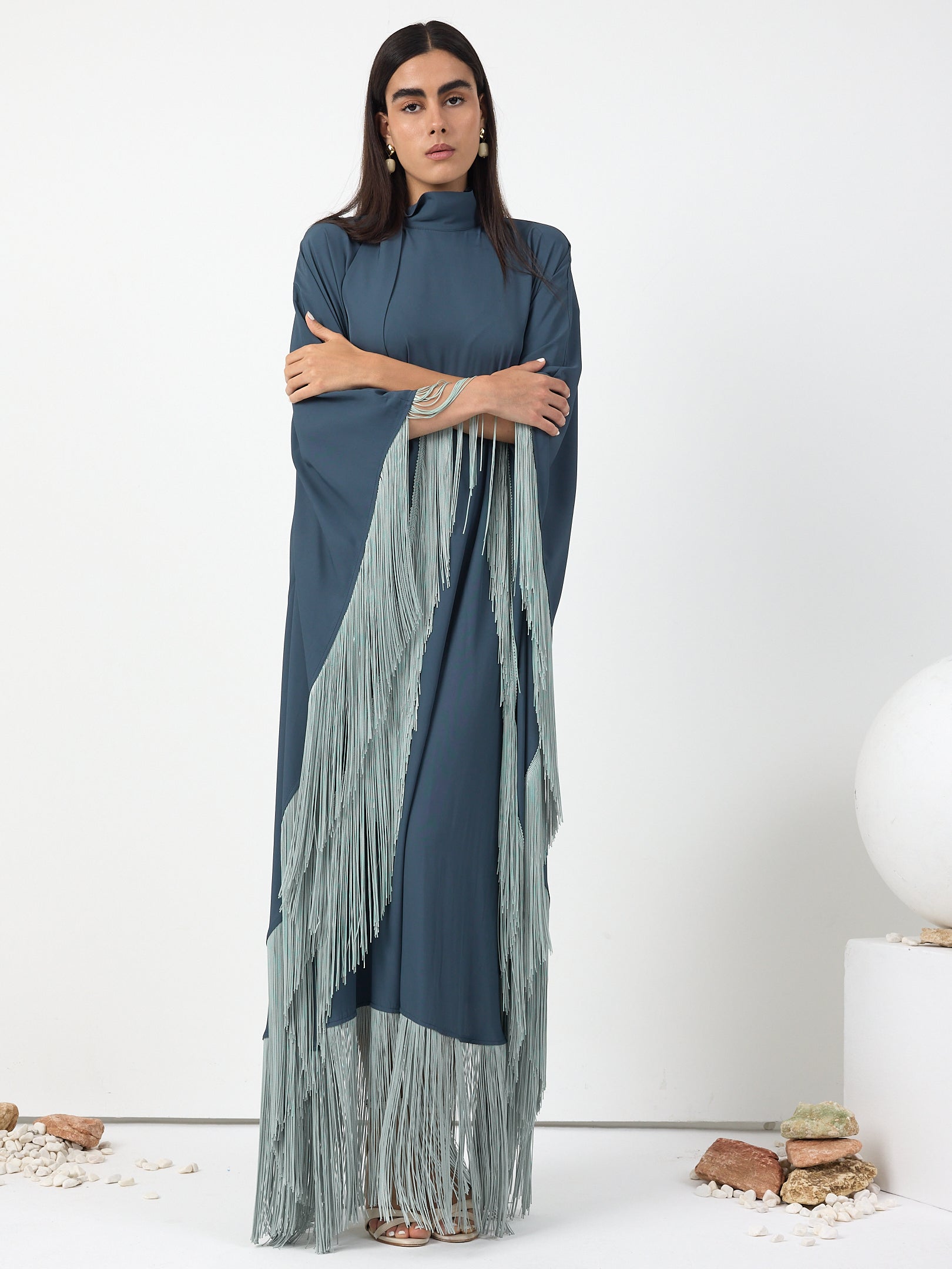 Mint Fringed Kaftan Dress With Tie Neck Detailed - Store WF