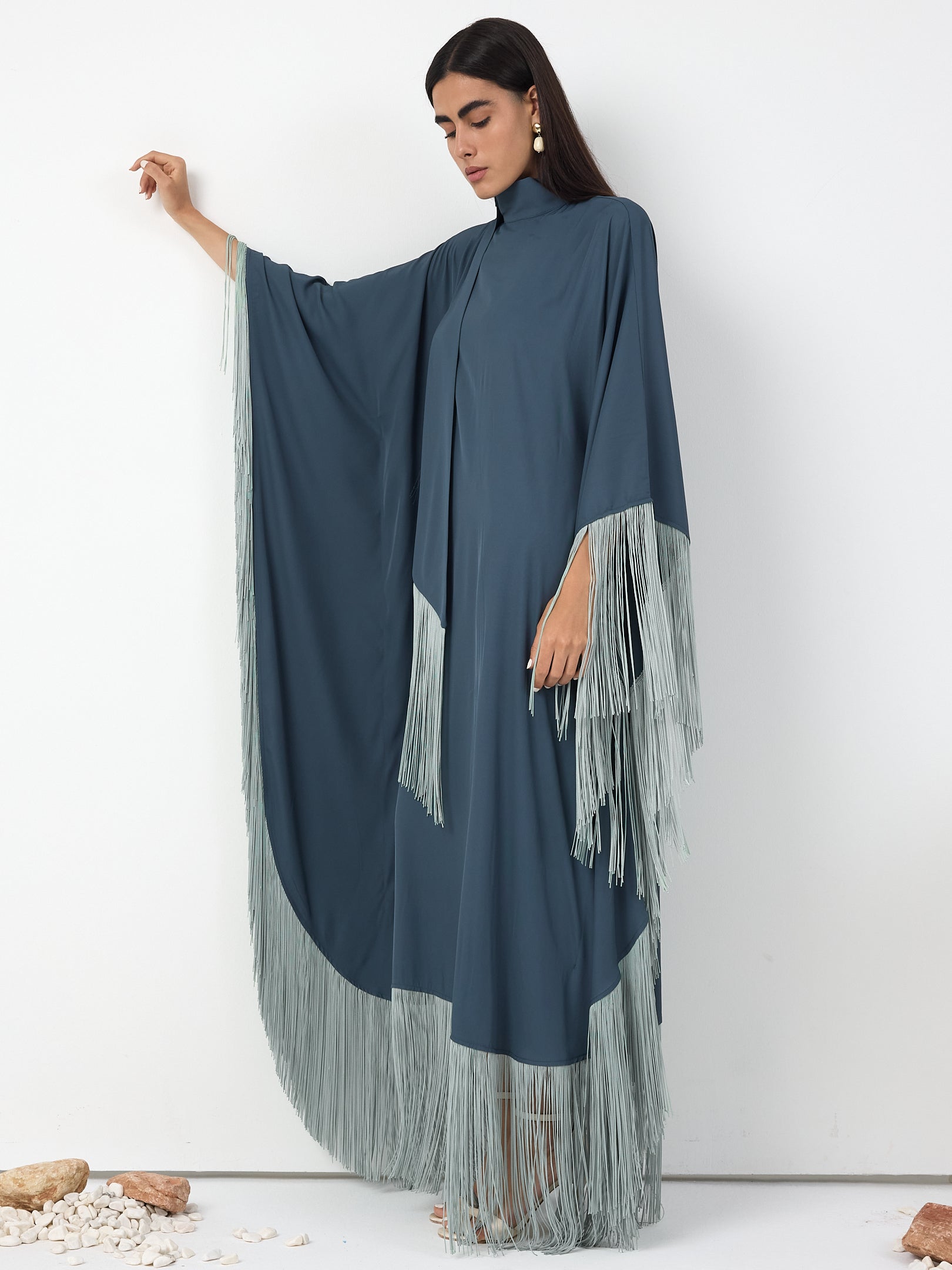 Mint Fringed Kaftan Dress With Tie Neck Detailed - Store WF