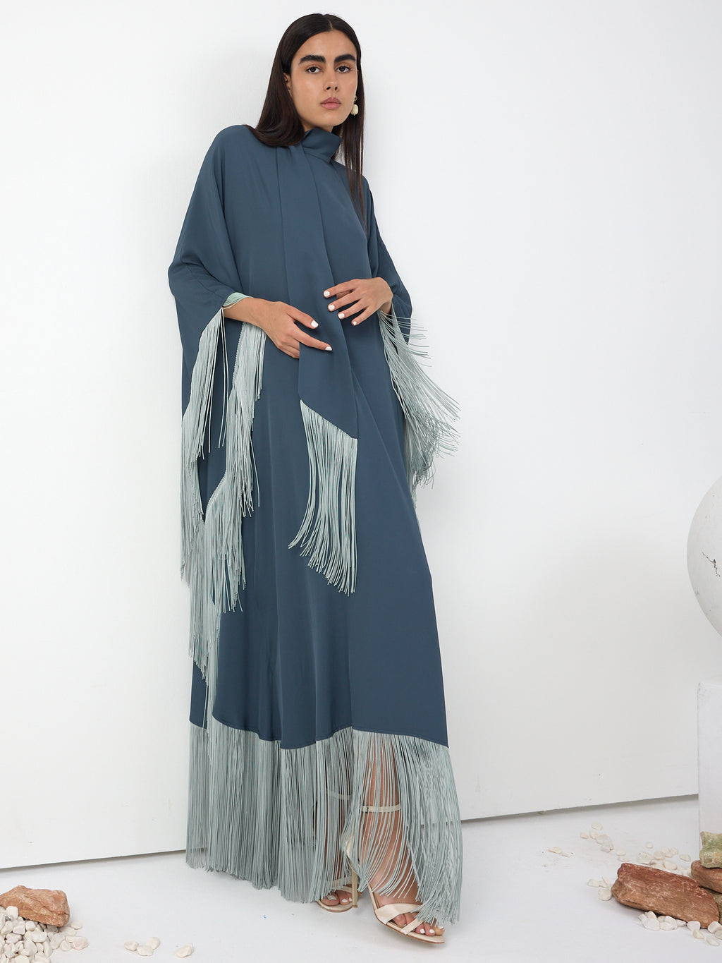 Mint Fringed Kaftan Dress With Tie Neck Detailed
