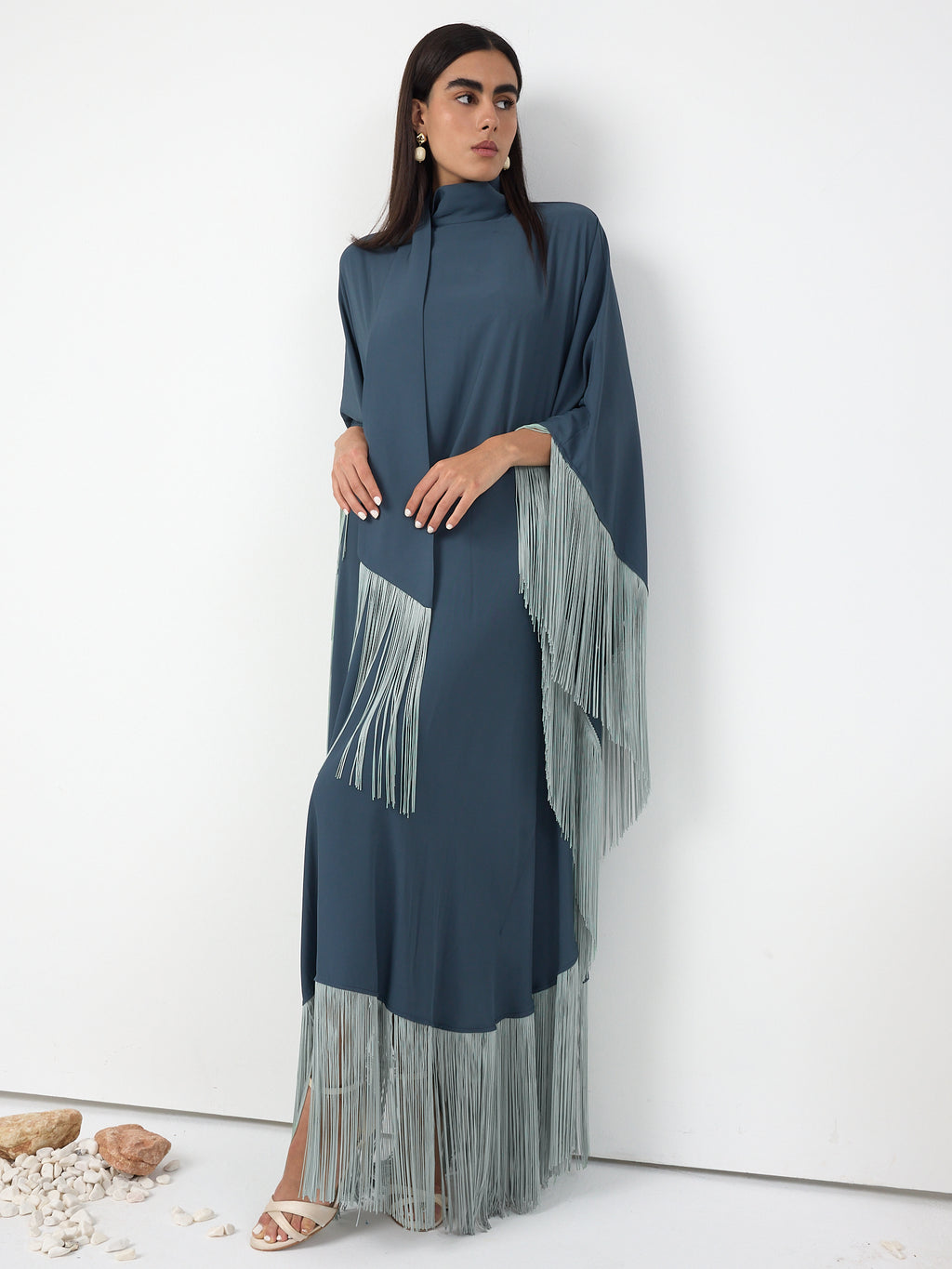 Mint Fringed Kaftan Dress With Tie Neck Detailed