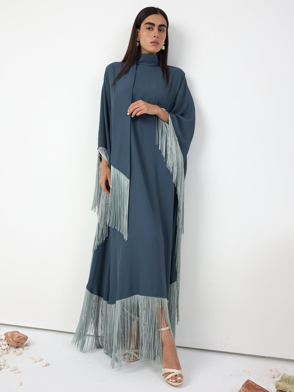 Mint Fringed Kaftan Dress With Tie Neck Detailed