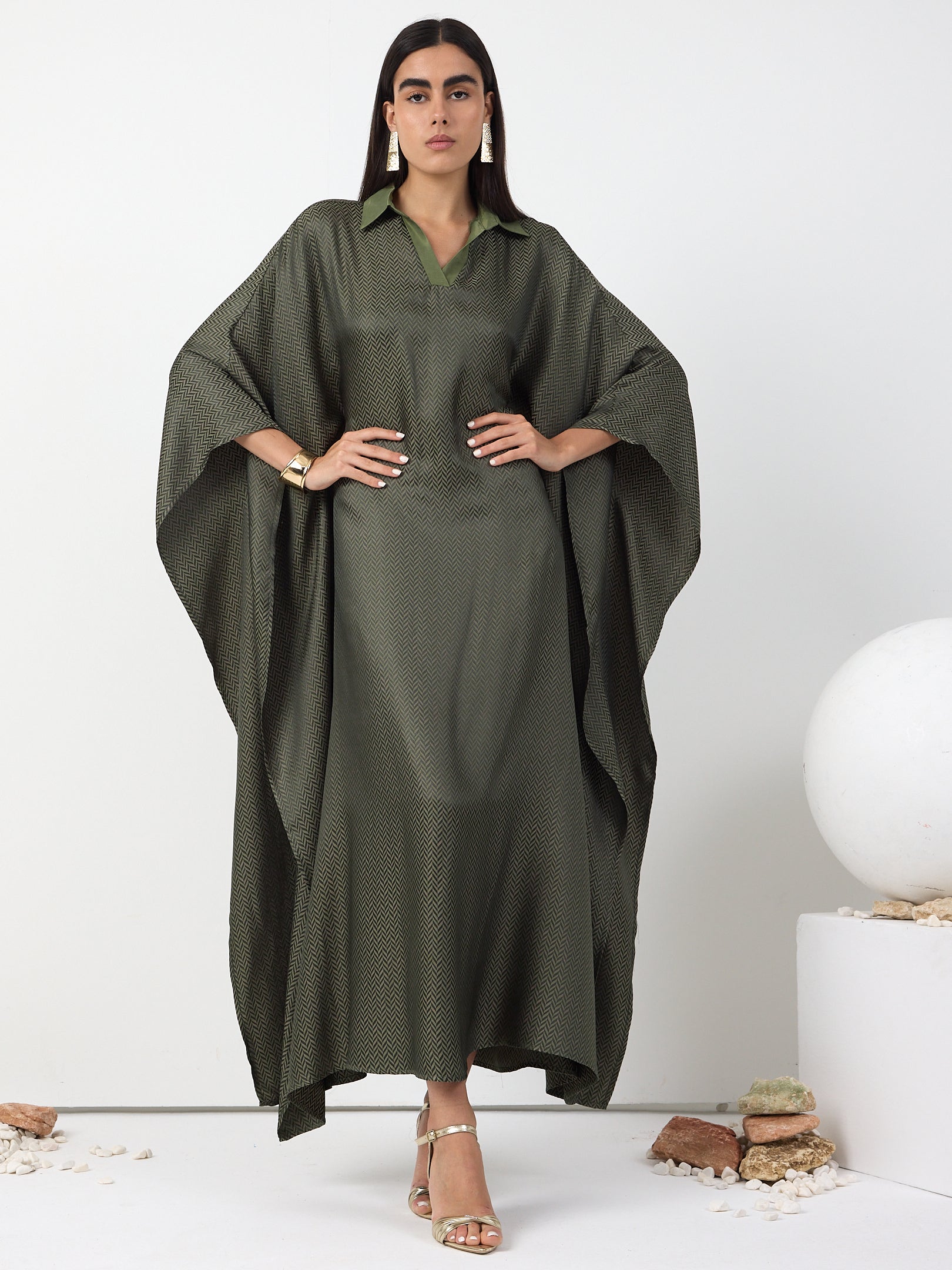 Green Shirt Collar Kaftan Dress