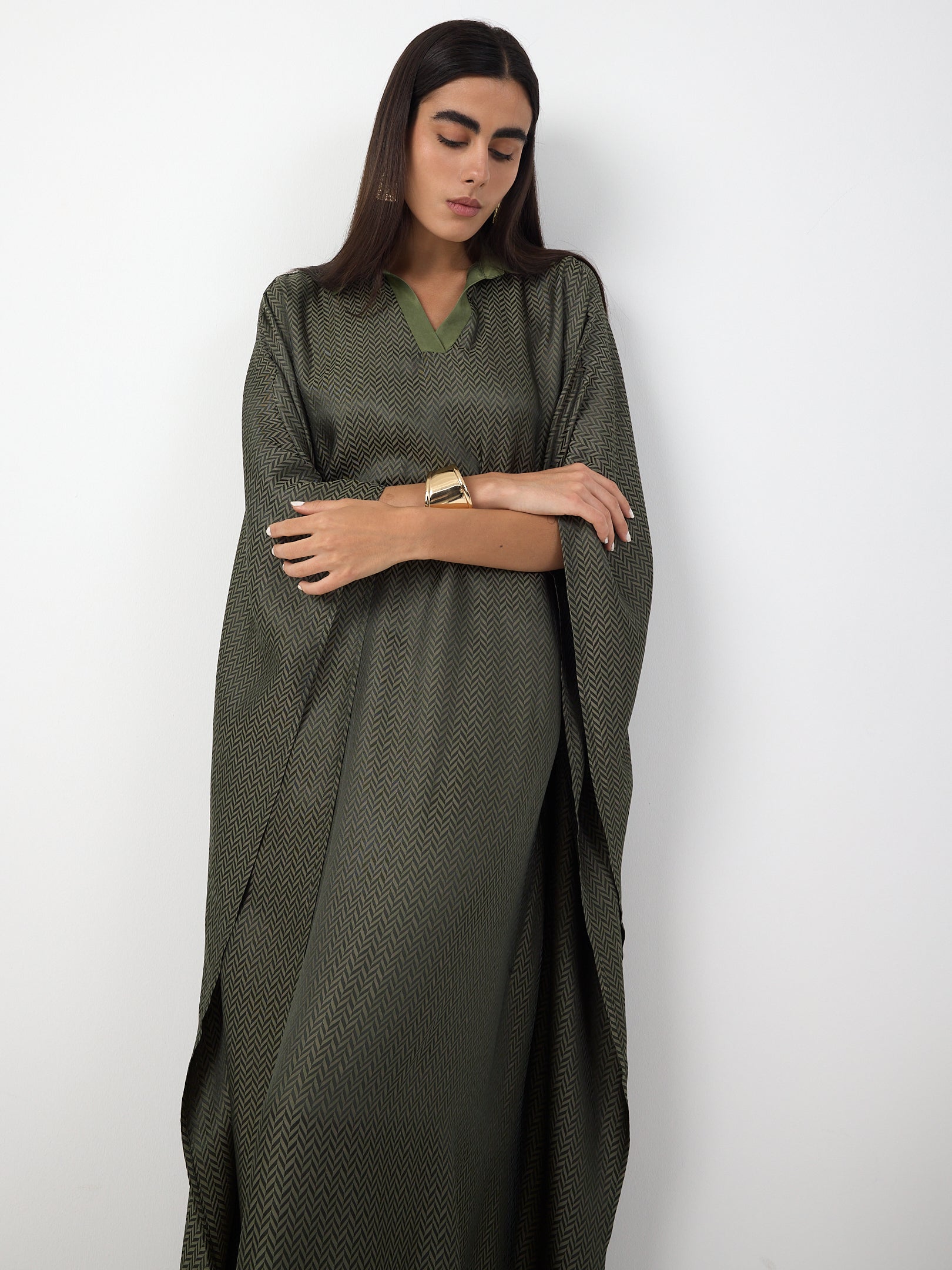 Green Shirt Collar Kaftan Dress