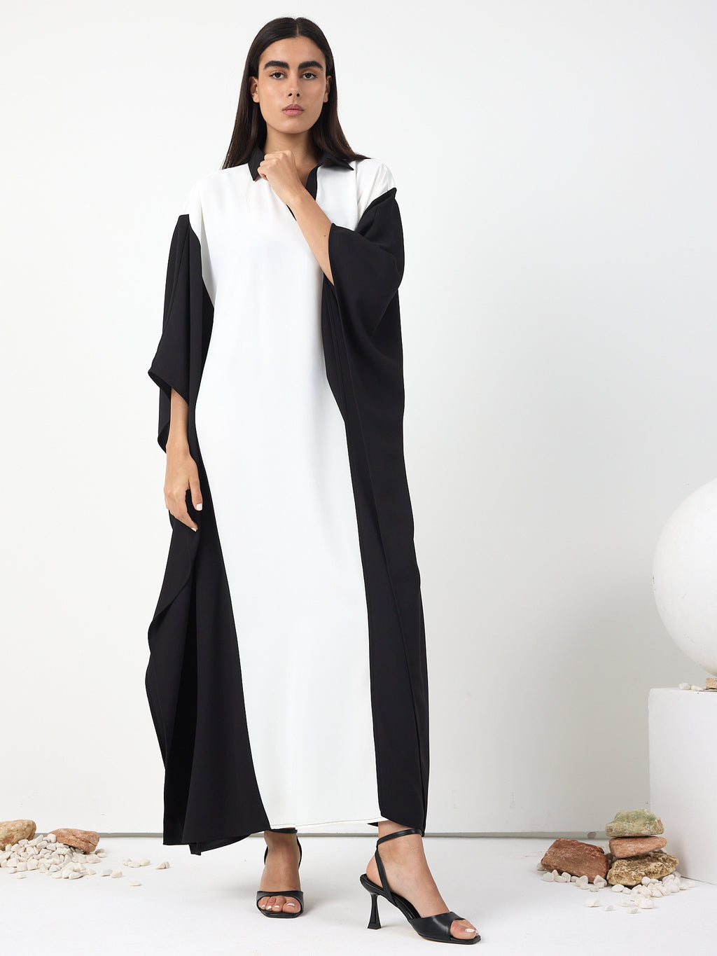 Monochrome Elegance Panel Kaftan Dress