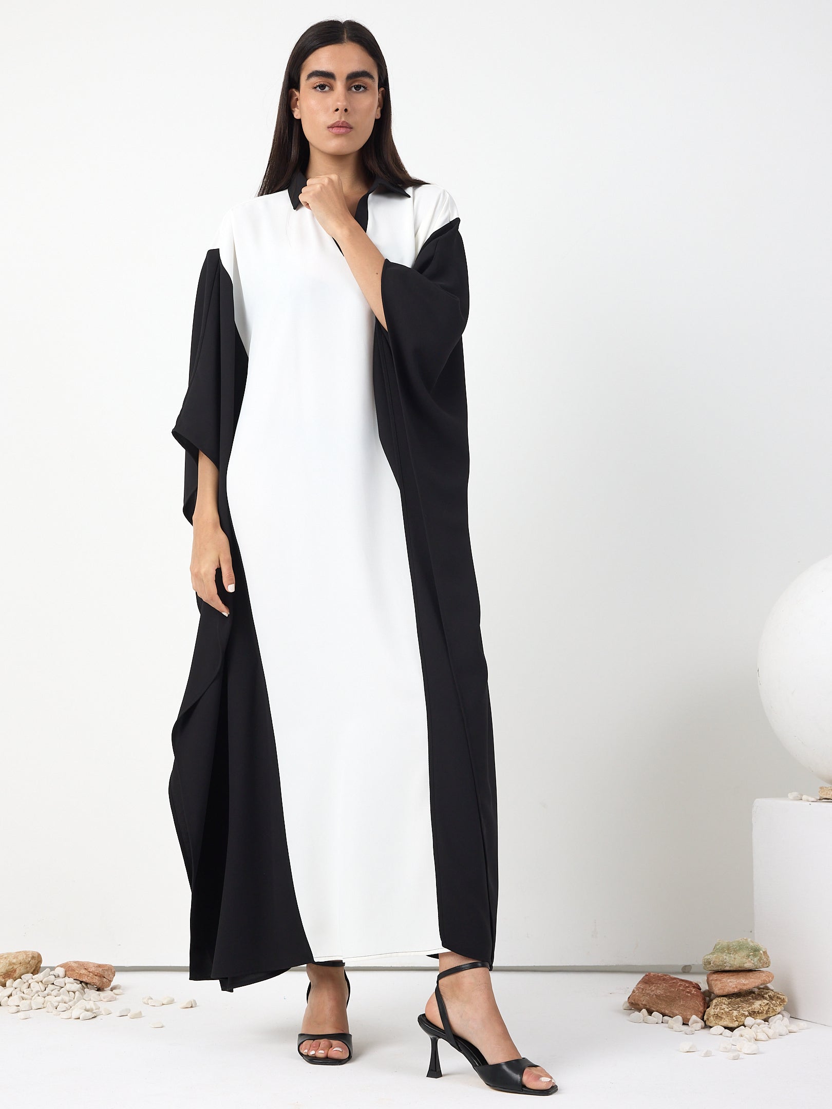 Monochrome Elegance Panel Kaftan Dress