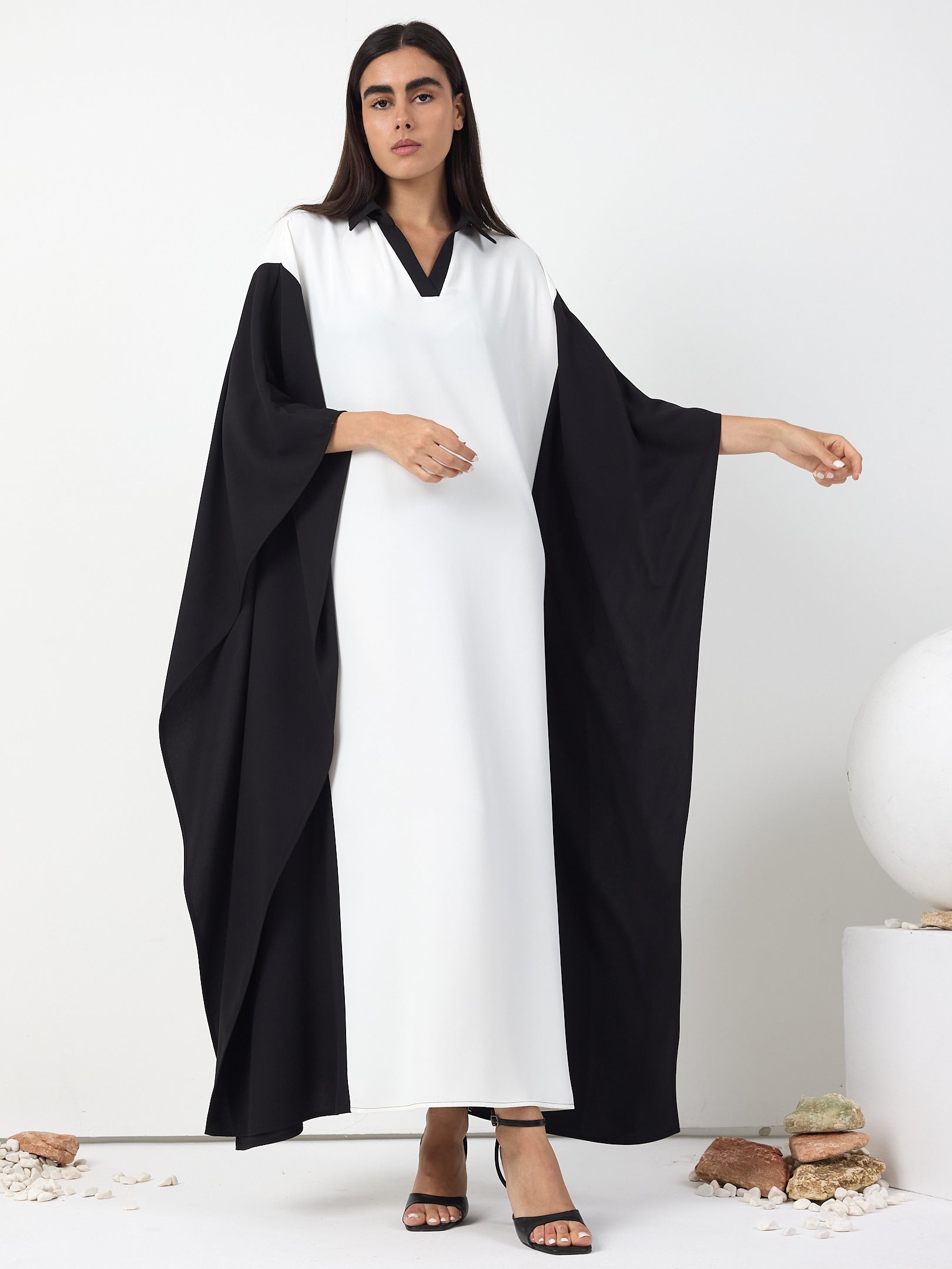 Monochrome Elegance Panel Kaftan Dress