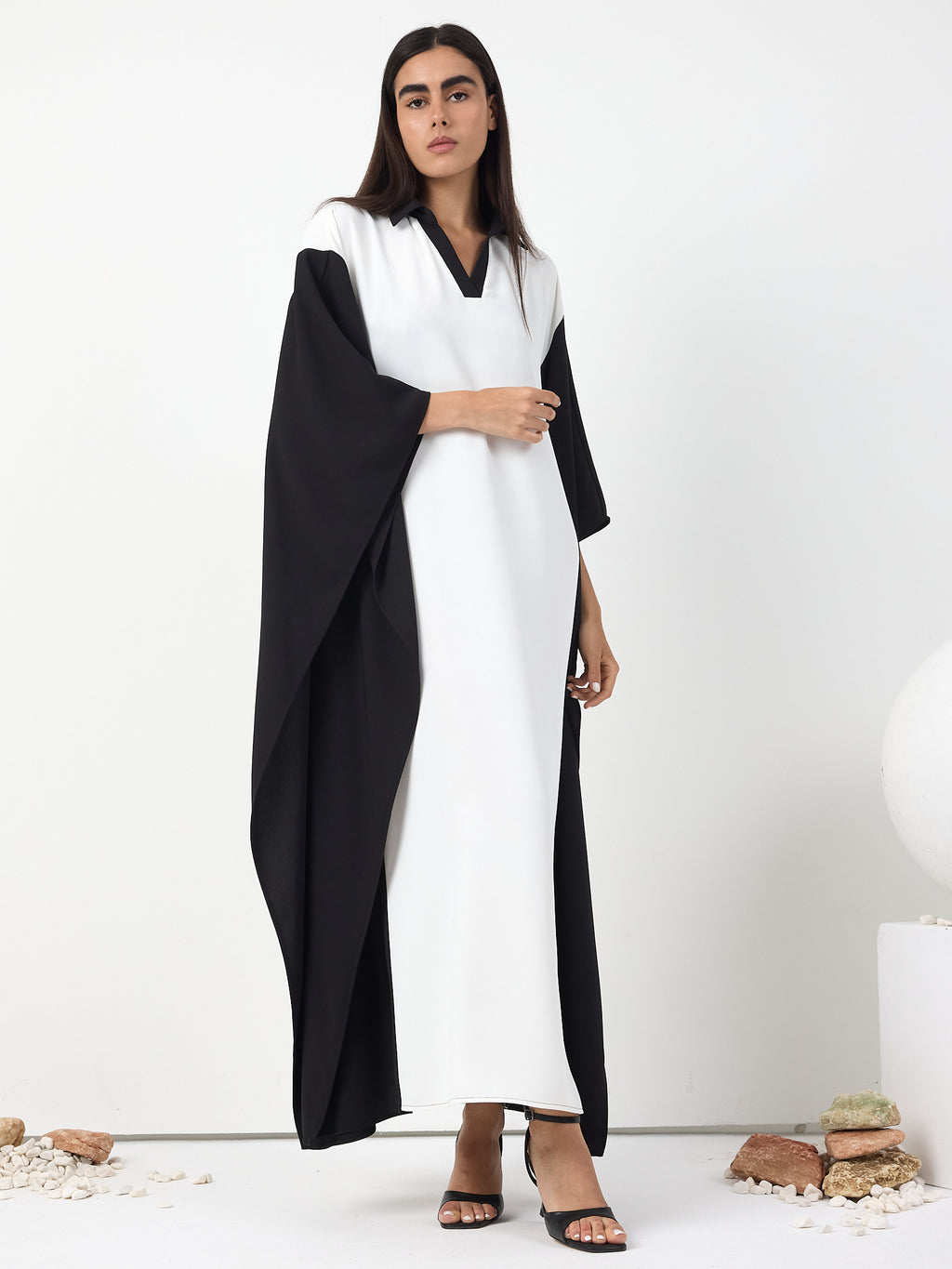 Monochrome Elegance Panel Kaftan Dress
