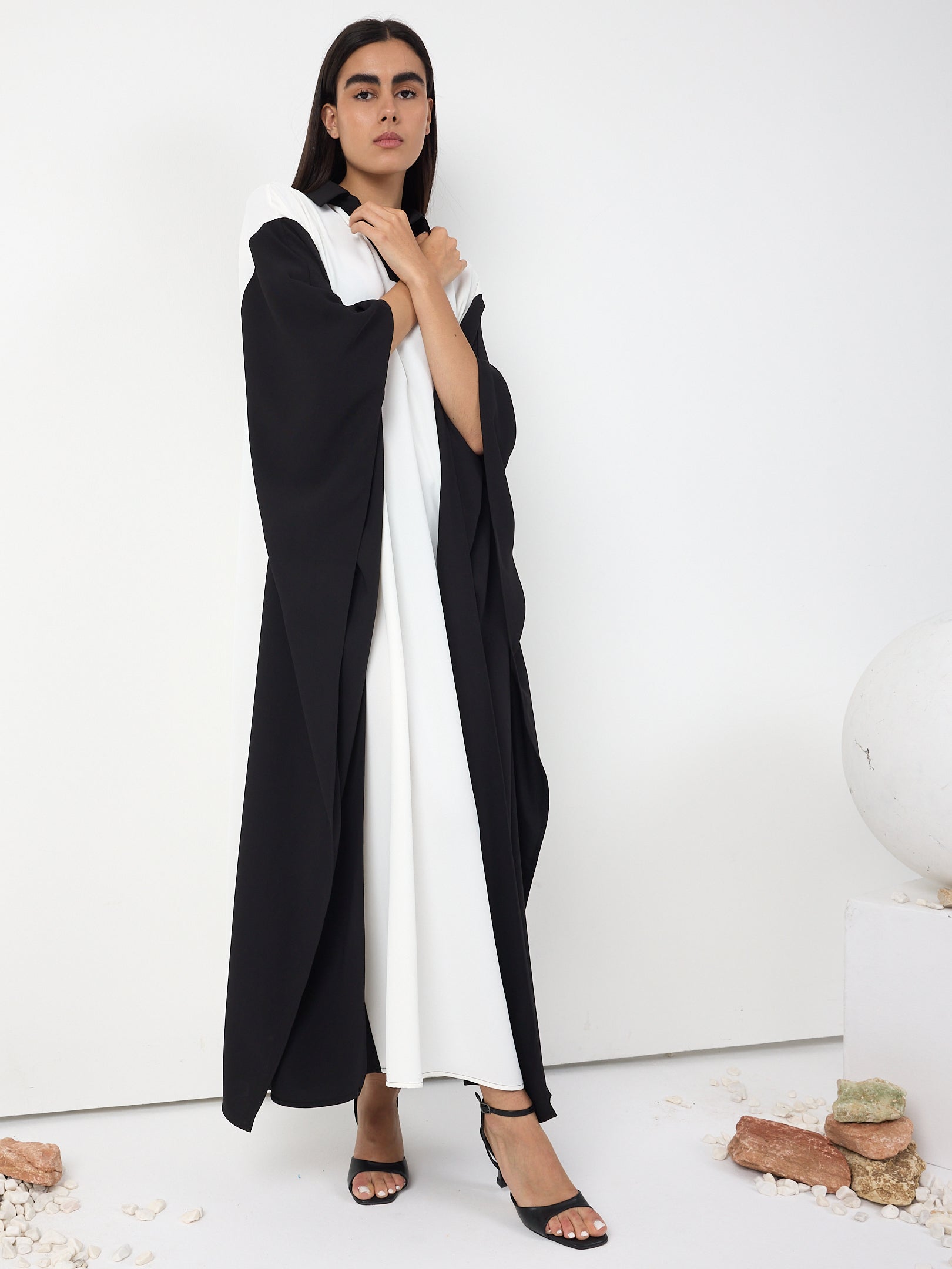 Monochrome Elegance Panel Kaftan Dress
