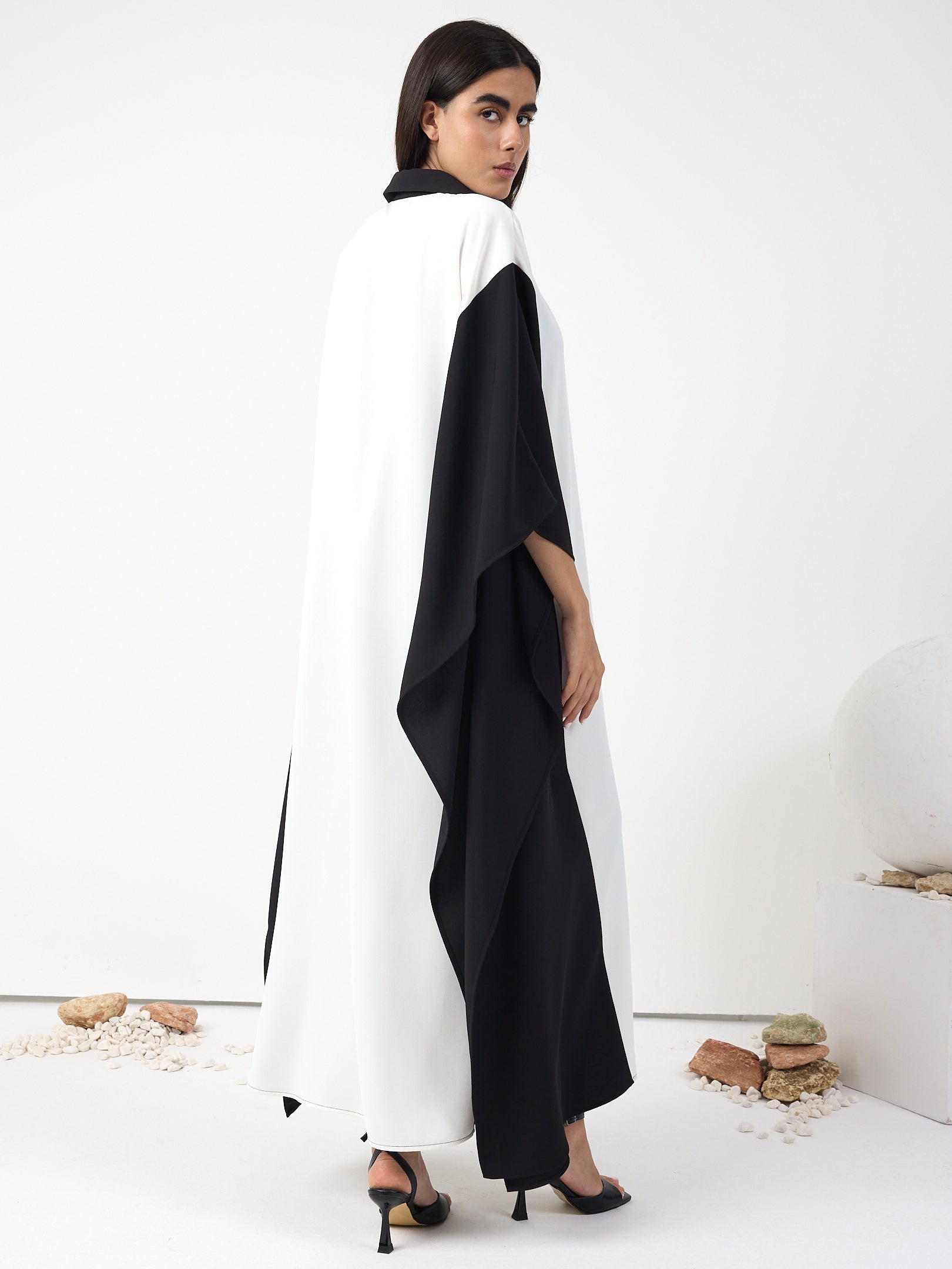Monochrome Elegance Panel Kaftan Dress