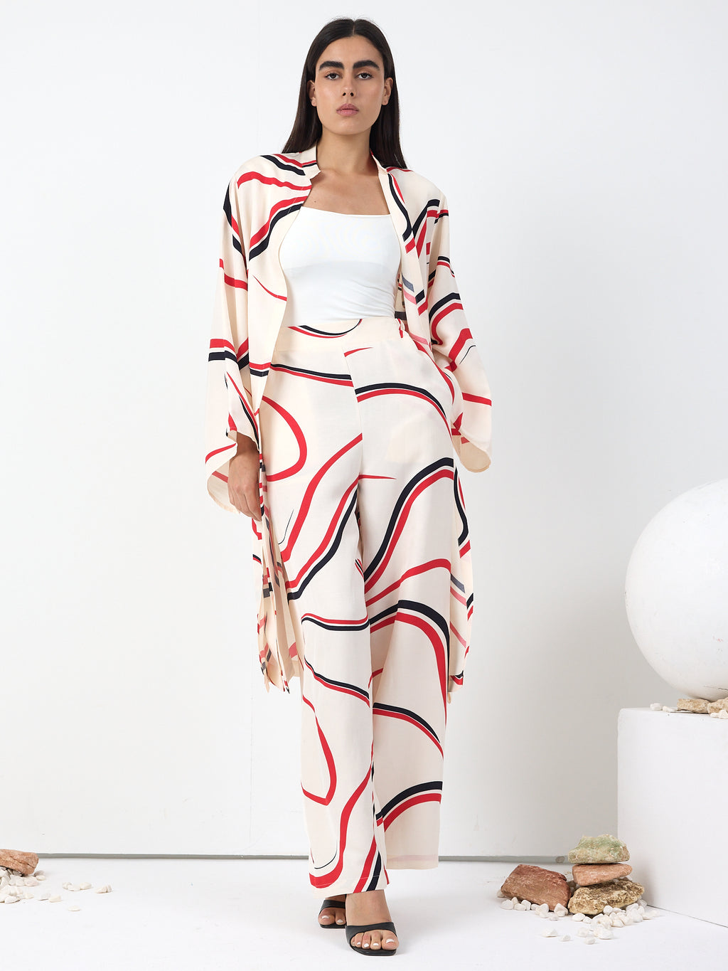 Linen Modern Stripe Kimono Trouser Set