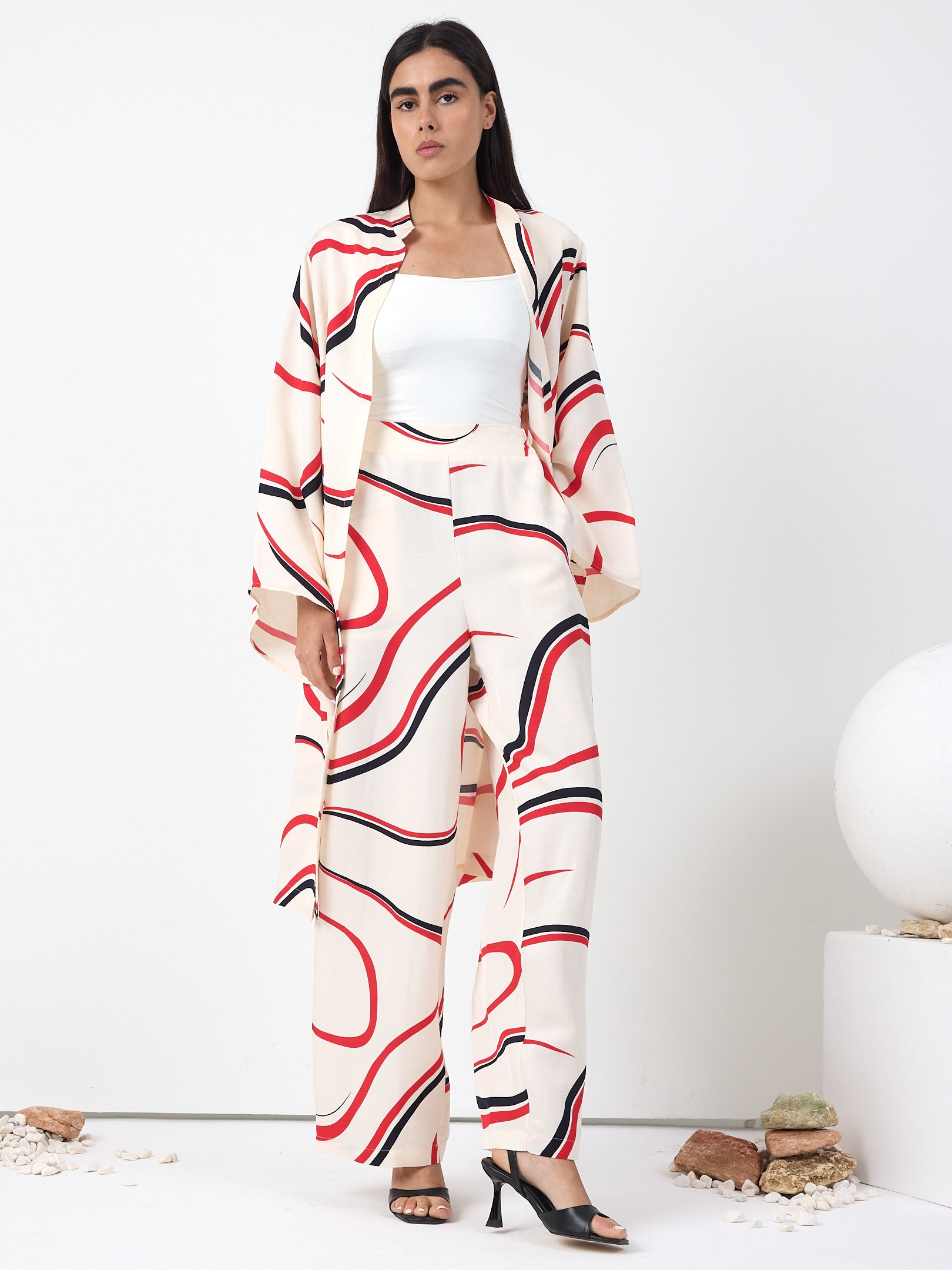 Linen Modern Stripe Kimono Trouser Set
