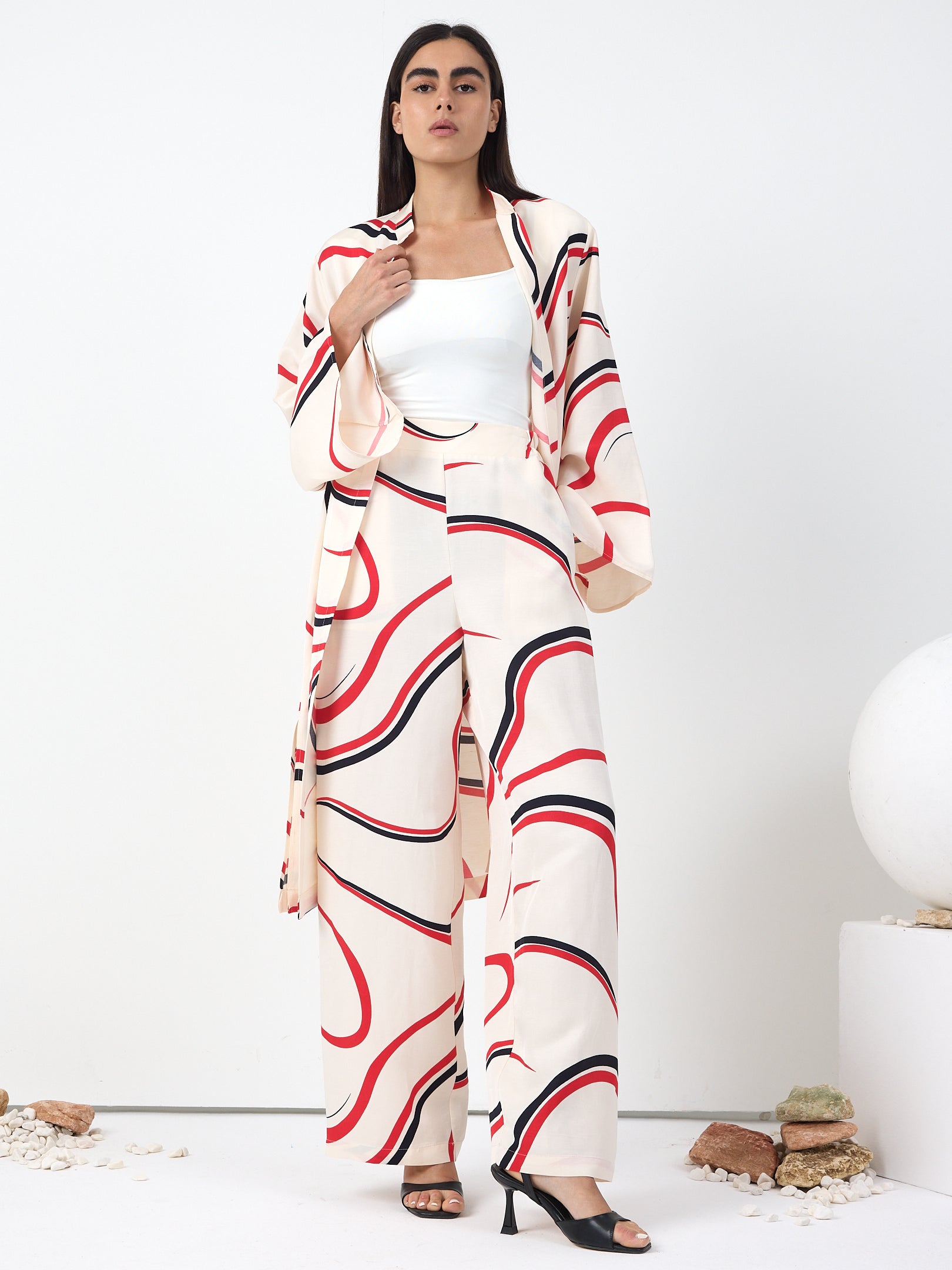 Linen Modern Stripe Kimono Trouser Set