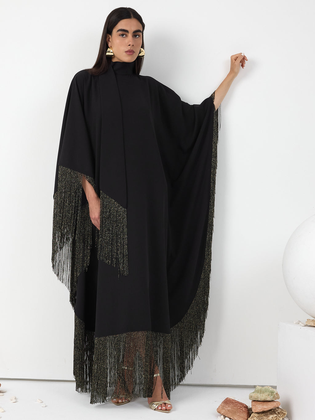 Black Gold Fringed Kaftan Dress With Tie Neck Detailed