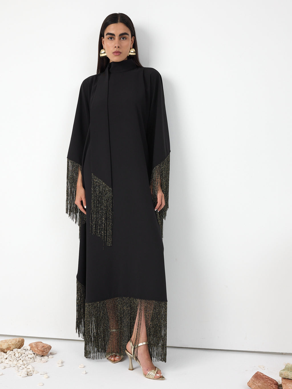 Black Gold Fringed Kaftan Dress With Tie Neck Detailed