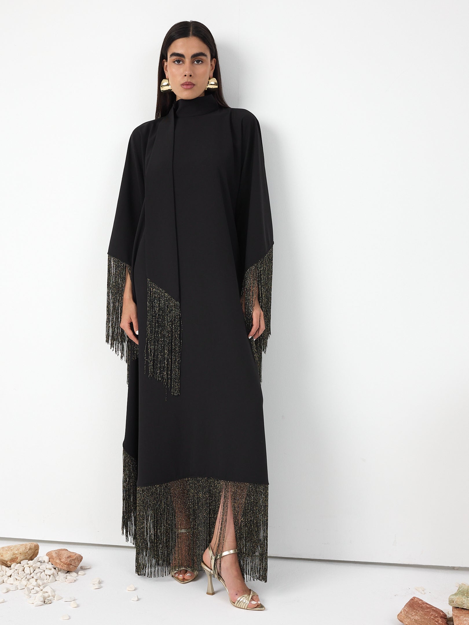 Black Gold Fringed Kaftan Dress With Tie Neck Detailed