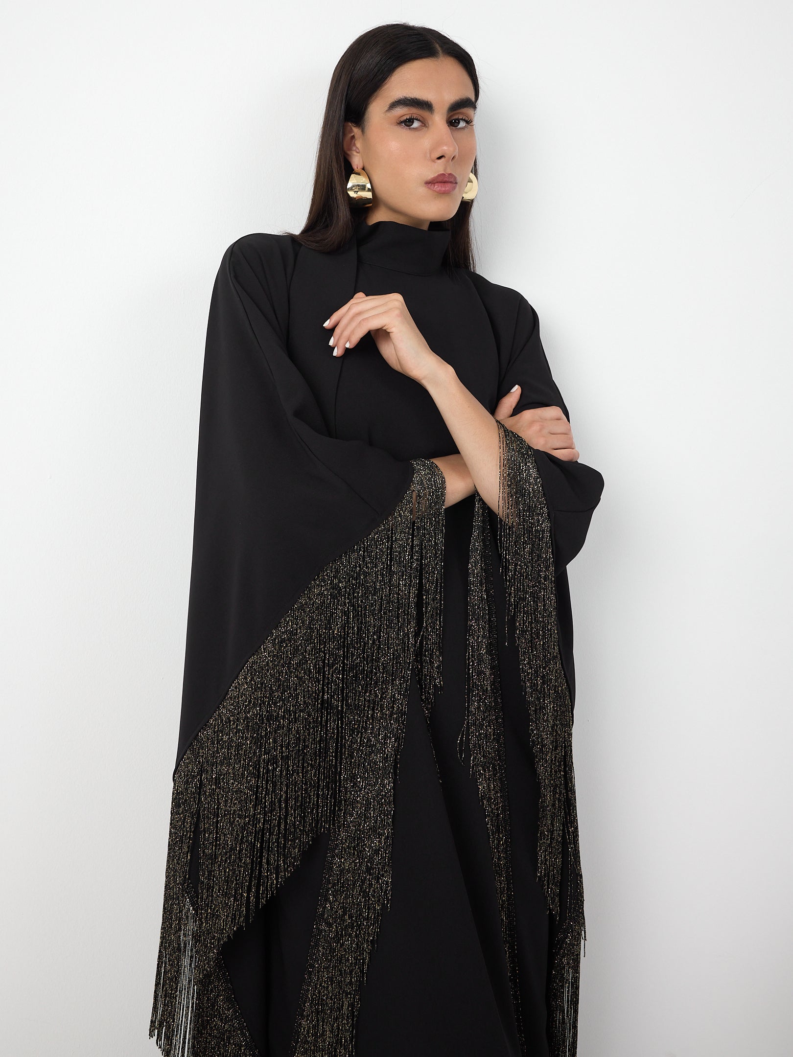 Black Gold Fringed Kaftan Dress With Tie Neck Detailed