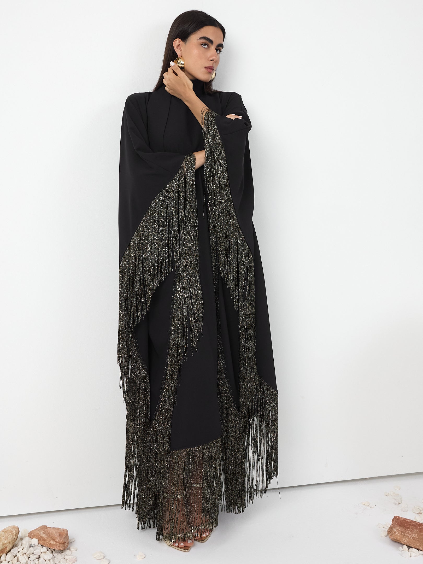 Black Gold Fringed Kaftan Dress With Tie Neck Detailed - Store WF