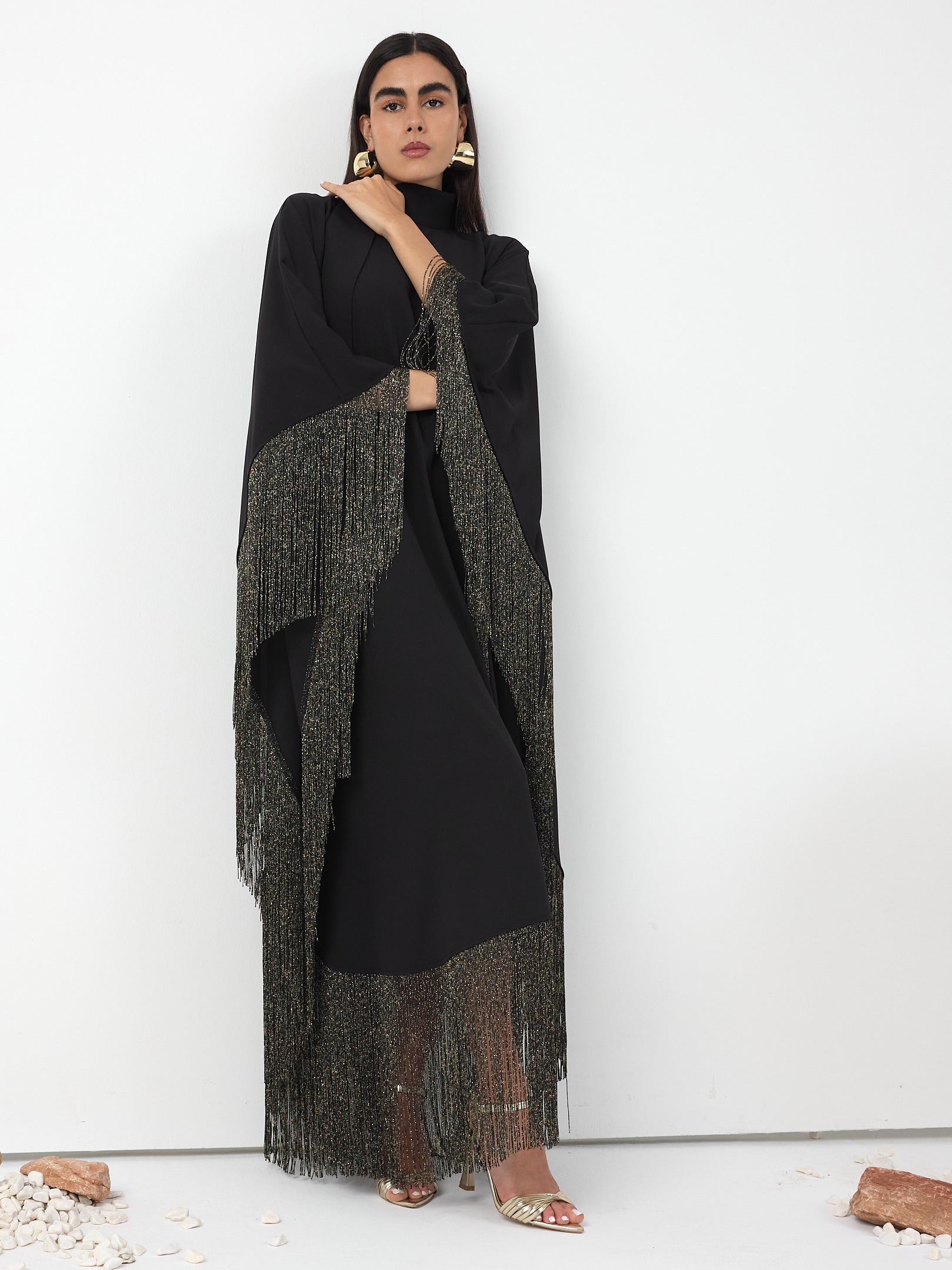 Black Gold Fringed Kaftan Dress With Tie Neck Detailed - Store WF