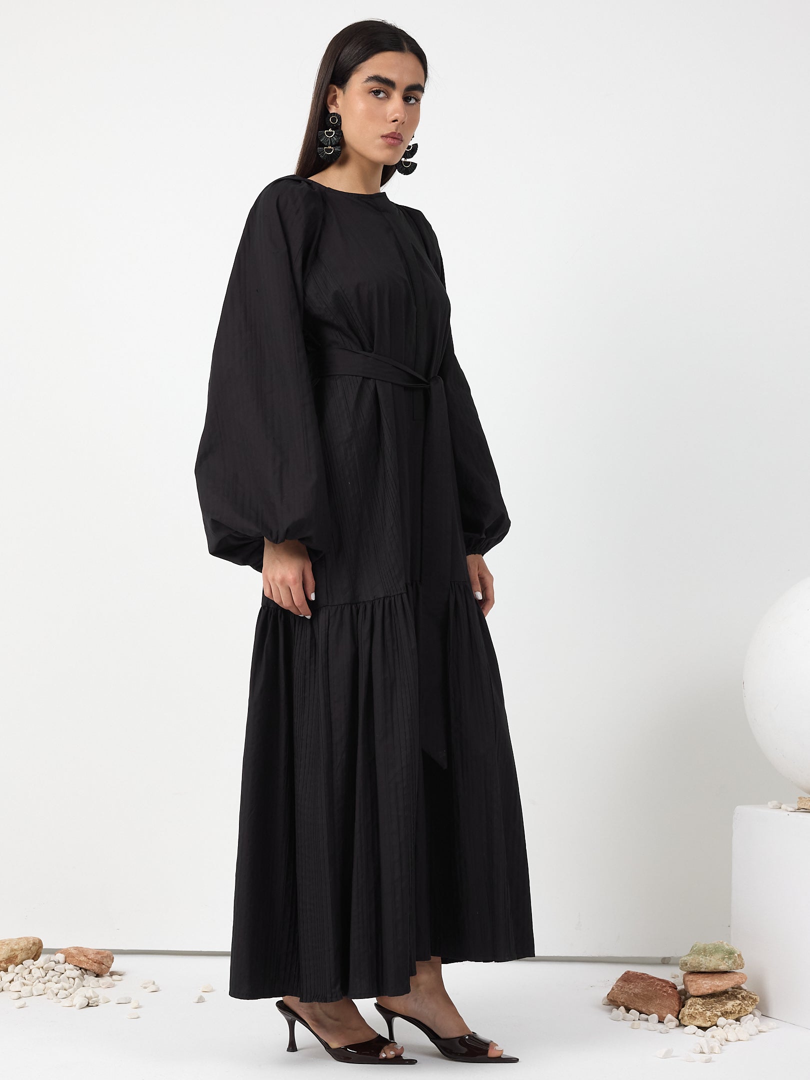 Black Belted Cotton Dress - Store WF