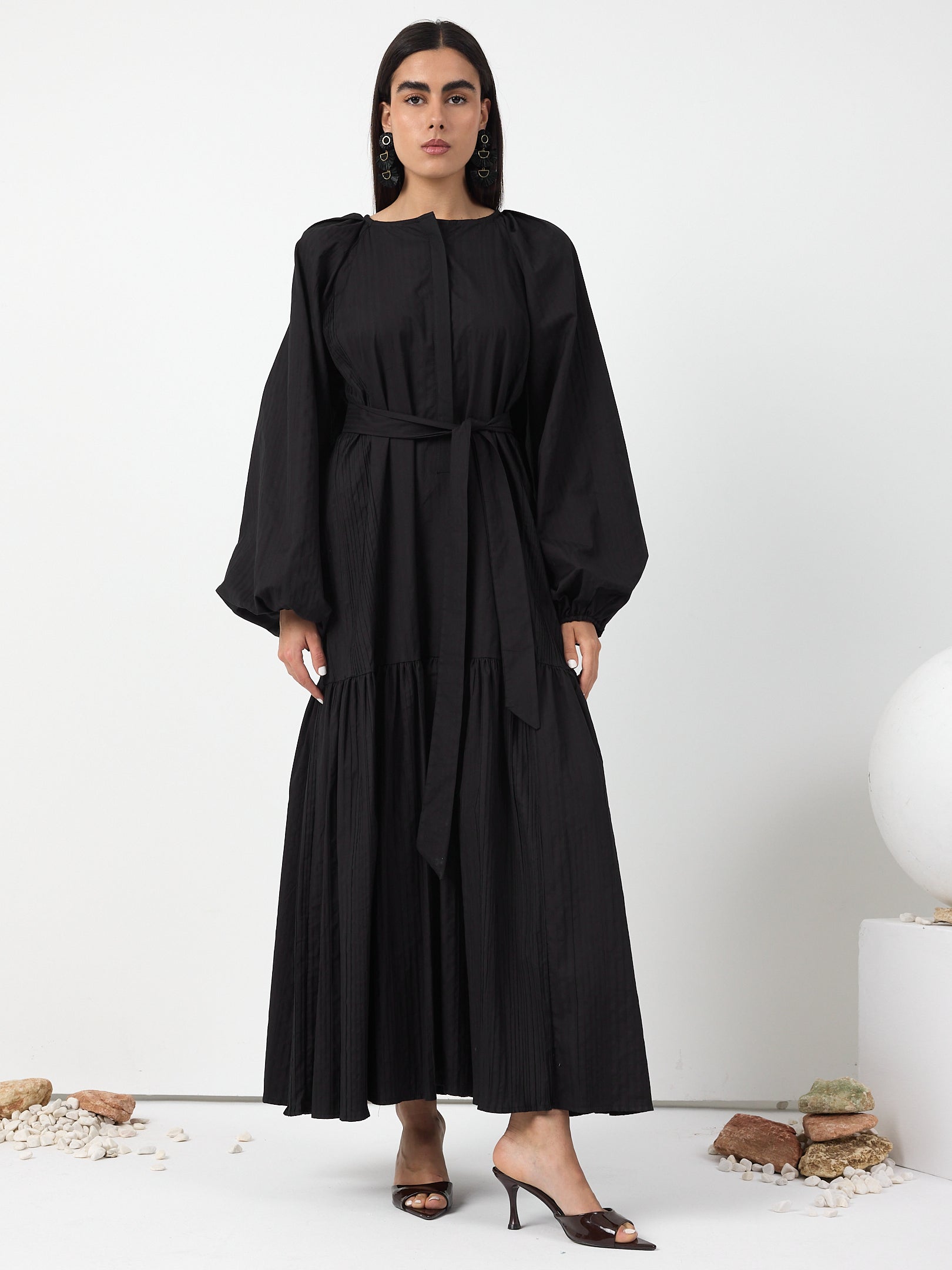 Black Belted Cotton Dress - Store WF