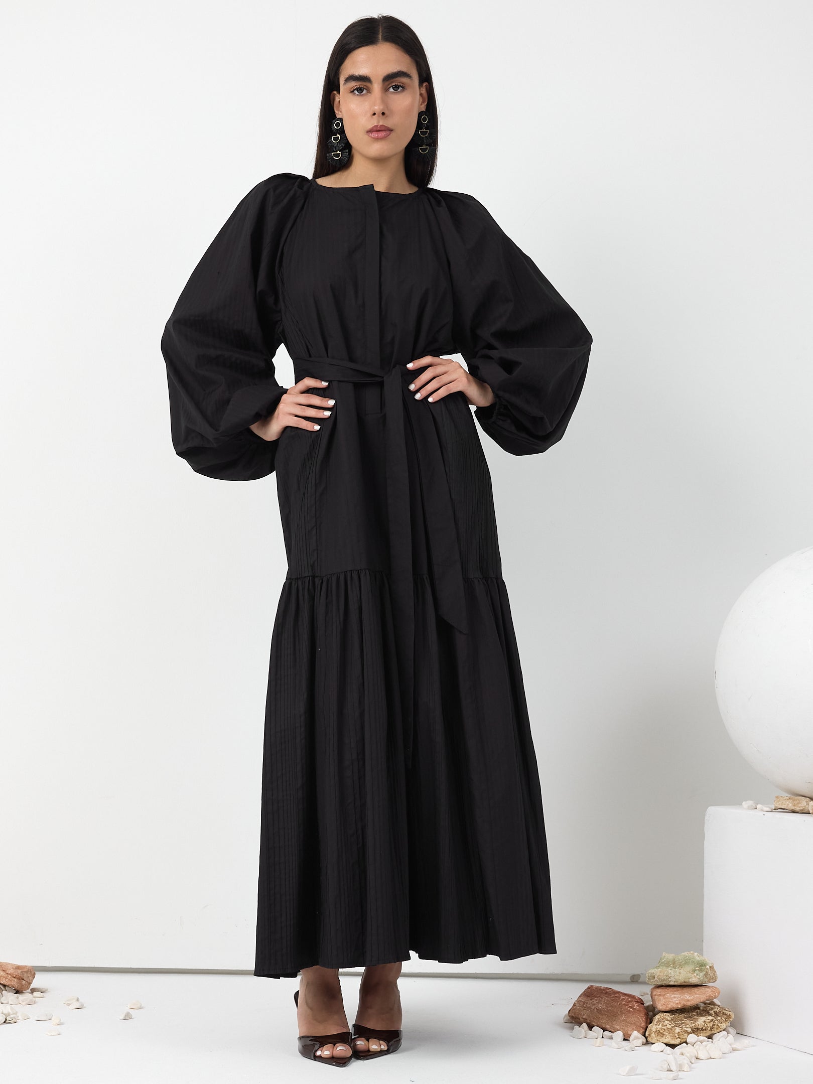 Black Belted Cotton Dress - Store WF