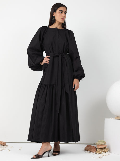 Black Belted Cotton Dress - Store WF