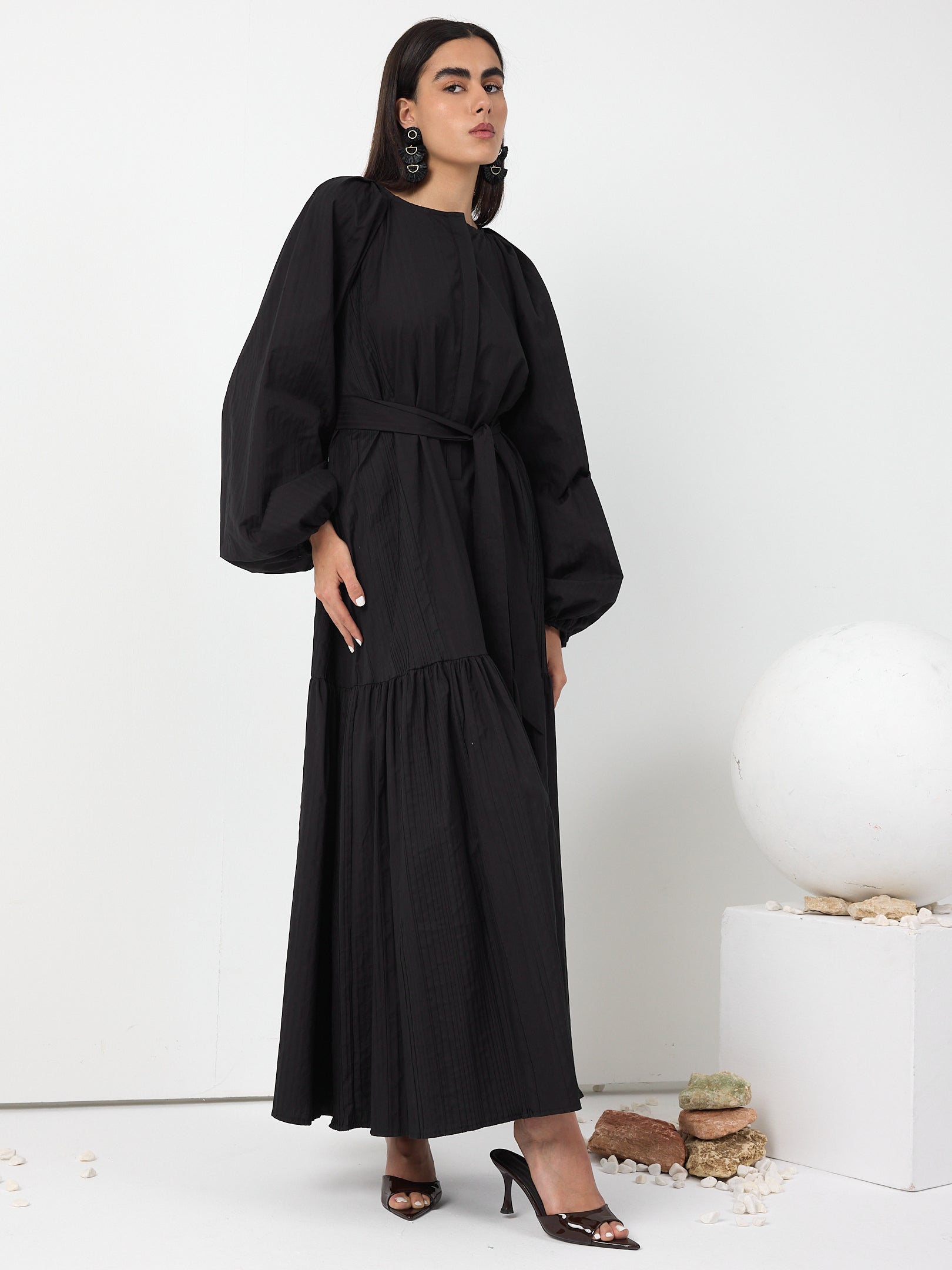 Black Belted Cotton Dress - Store WF