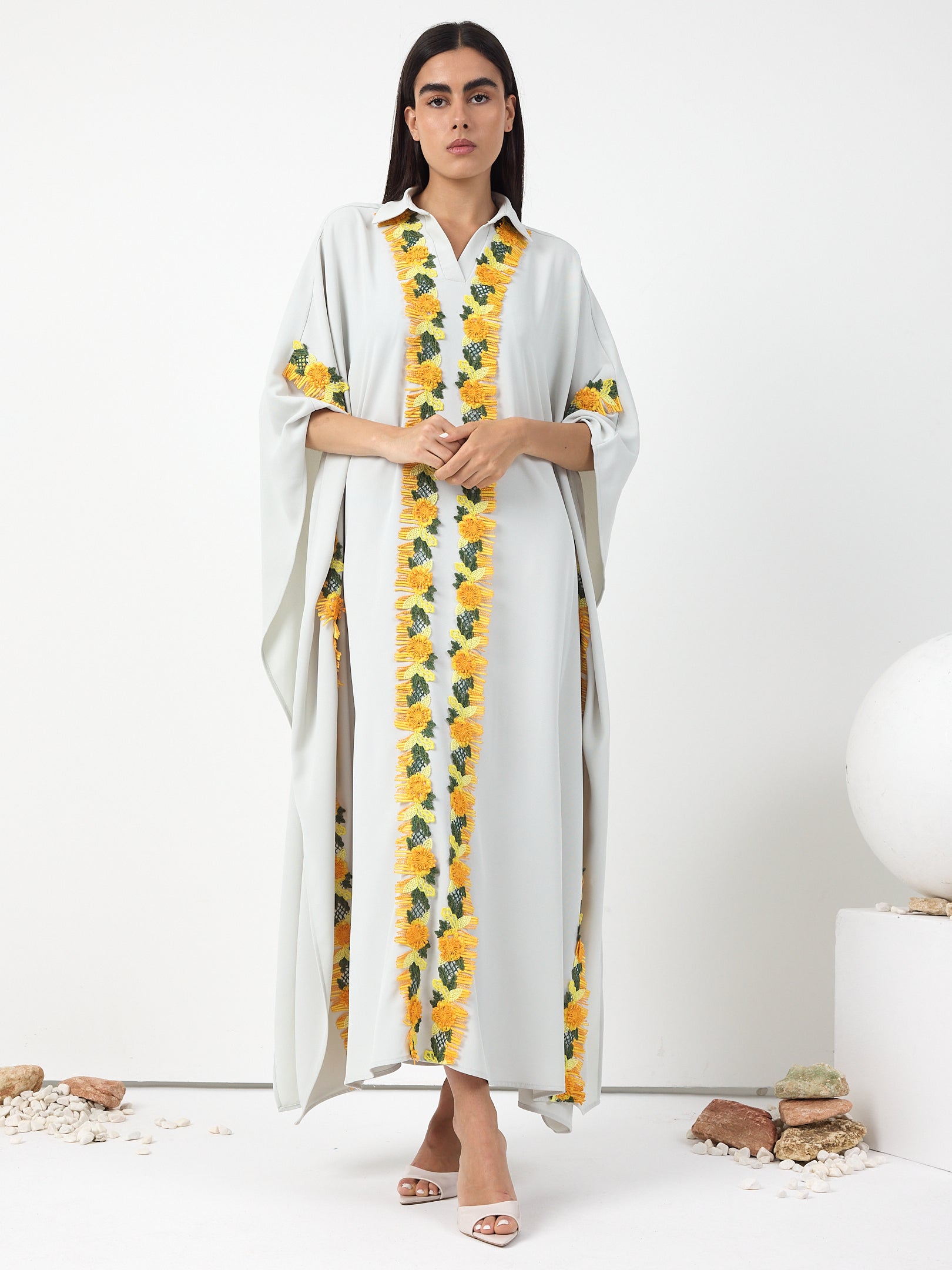 Yellow Lace Stripe Kaftan Dress - Store WF