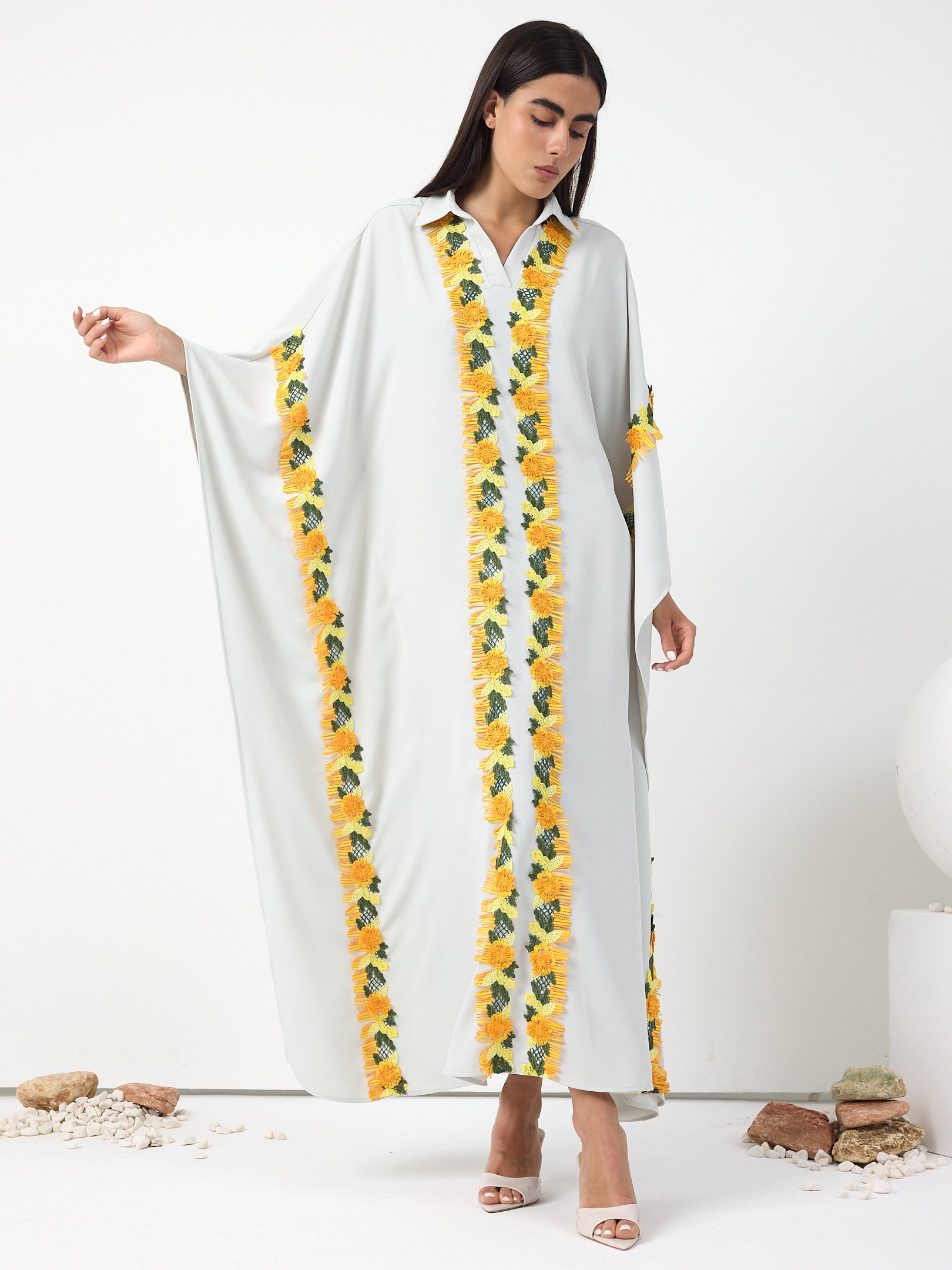 Yellow Lace Stripe Kaftan Dress - Store WF