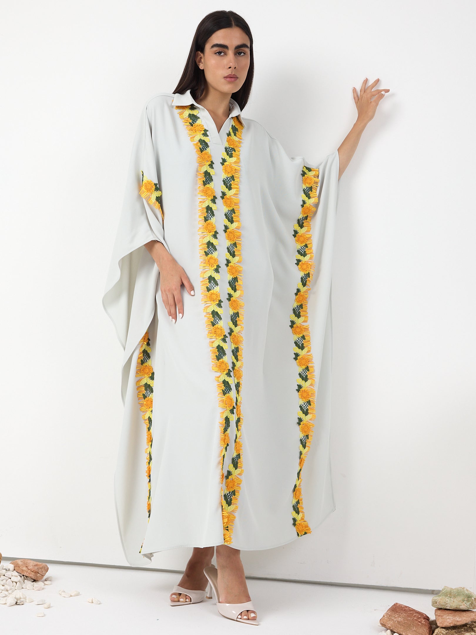 Yellow Lace Stripe Kaftan Dress