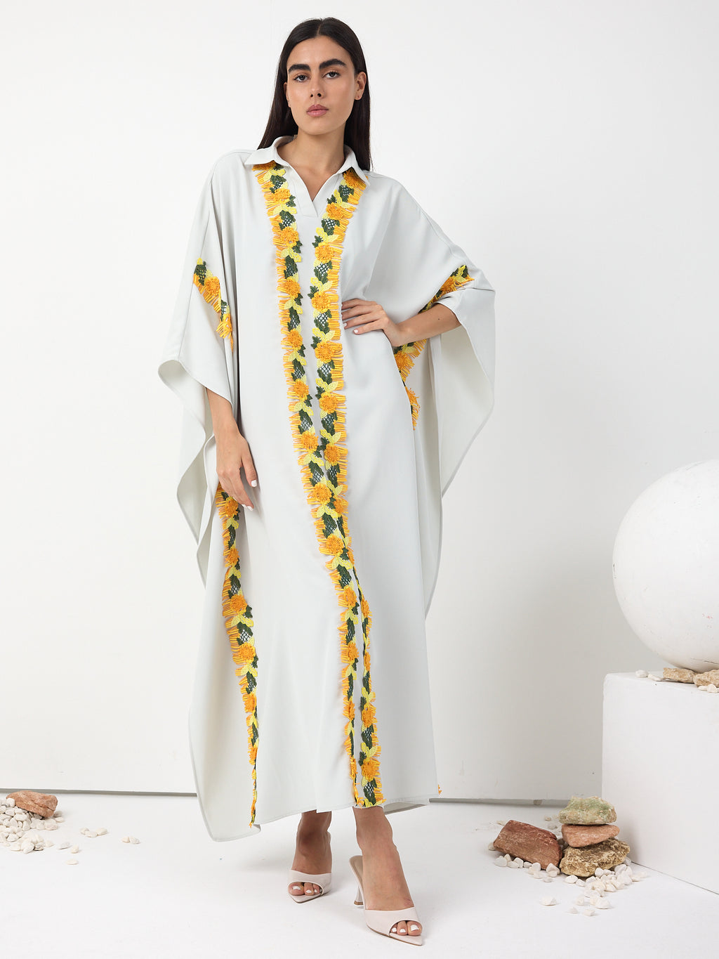 Yellow Lace Stripe Kaftan Dress