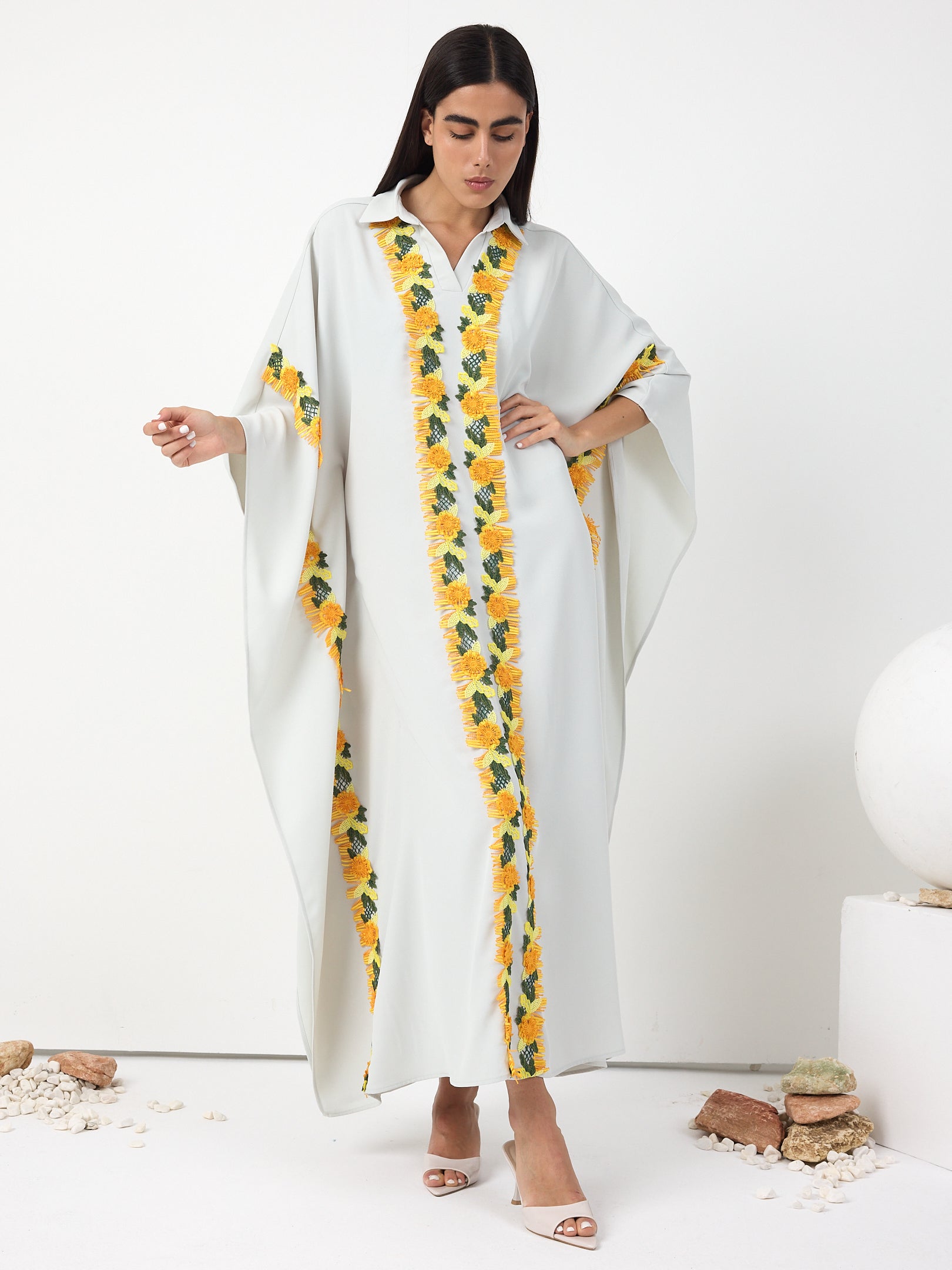 Yellow Lace Stripe Kaftan Dress - Store WF